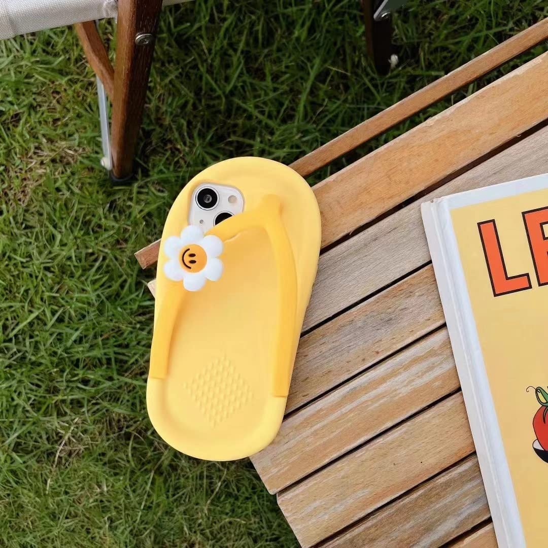 Yatchen Cute Cartoon Yellow Slippers & Flower Flip Flops 3D Soft Silicone Phone Case for iPhone 13 - Kawaii Design, Protective Cover for Women & Girls - Perfect for Summer, Beach Days, and Casual Outings