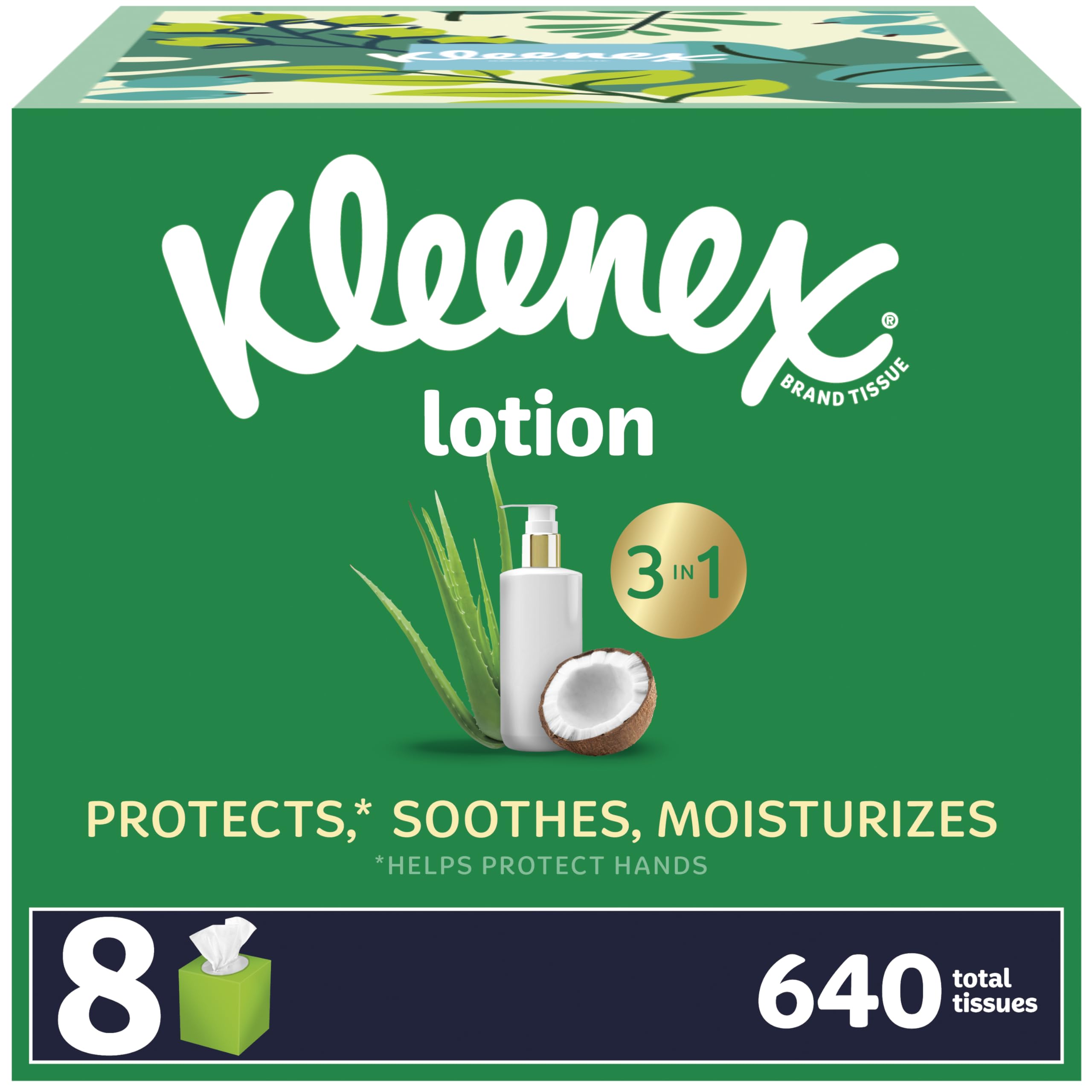Kleenex Lotion Facial Tissues with Coconut Oil - 8 Cube Boxes (80 Tissues Each) | Ultra-Soft 3-Ply for Sensitive Skin | Perfect for Home, Office & Travel Use