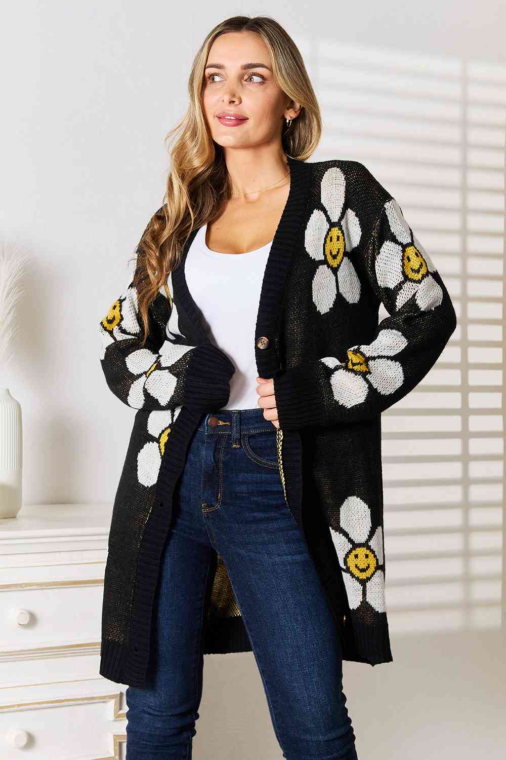 Black Smiley Face Floral Button Down Longline Cardigan for Women - Cute & Stylish Open Front Sweater for Casual Outfits, Date Nights & Layering