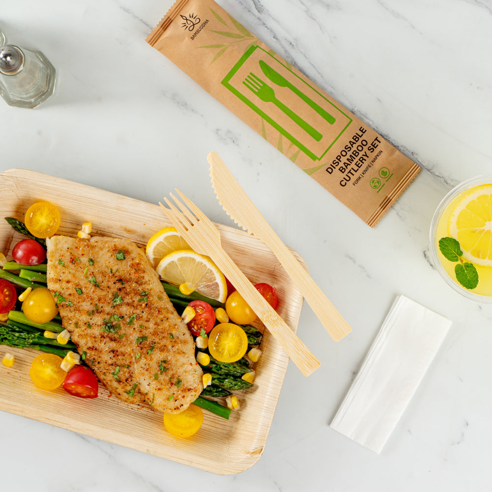 Eco-Friendly Bamboo Disposable Cutlery Set - 500 Pieces with White Napkins & Kraft Paper Pouch | Biodegradable Forks & Knives | Perfect for Parties, Picnics, Catering & Outdoor Events