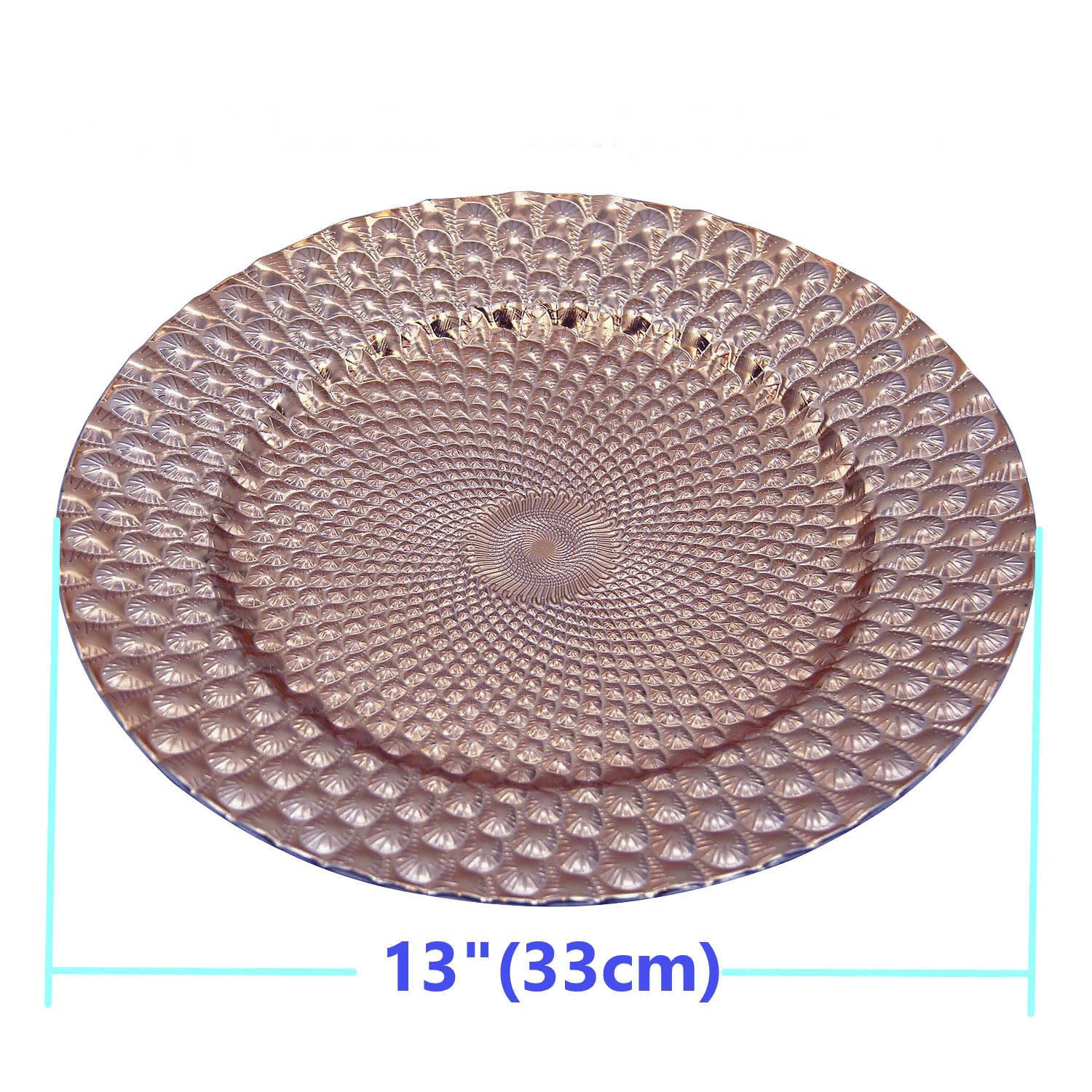 WELMATCH 12-Pack Rose Gold Plastic Peacock Charger Plates - 13 Inch Round Decorative Dinner Plates for Wedding, Party, and Special Events - Elegant Table Setting for Anniversary, Bridal Shower, and Holiday Celebrations