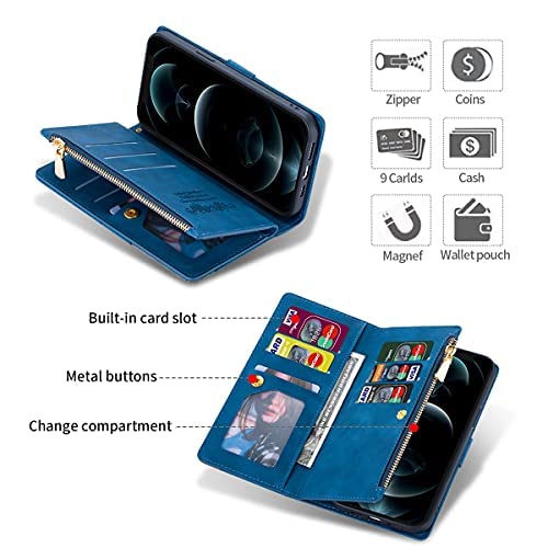 Premium Leather Wallet Case for Samsung Galaxy S22 Ultra - Zipper Pocket with 9 Card Slots, Flip Cover & Handbag Wristlet (Blue) | Perfect for Business, Travel & Everyday Protection