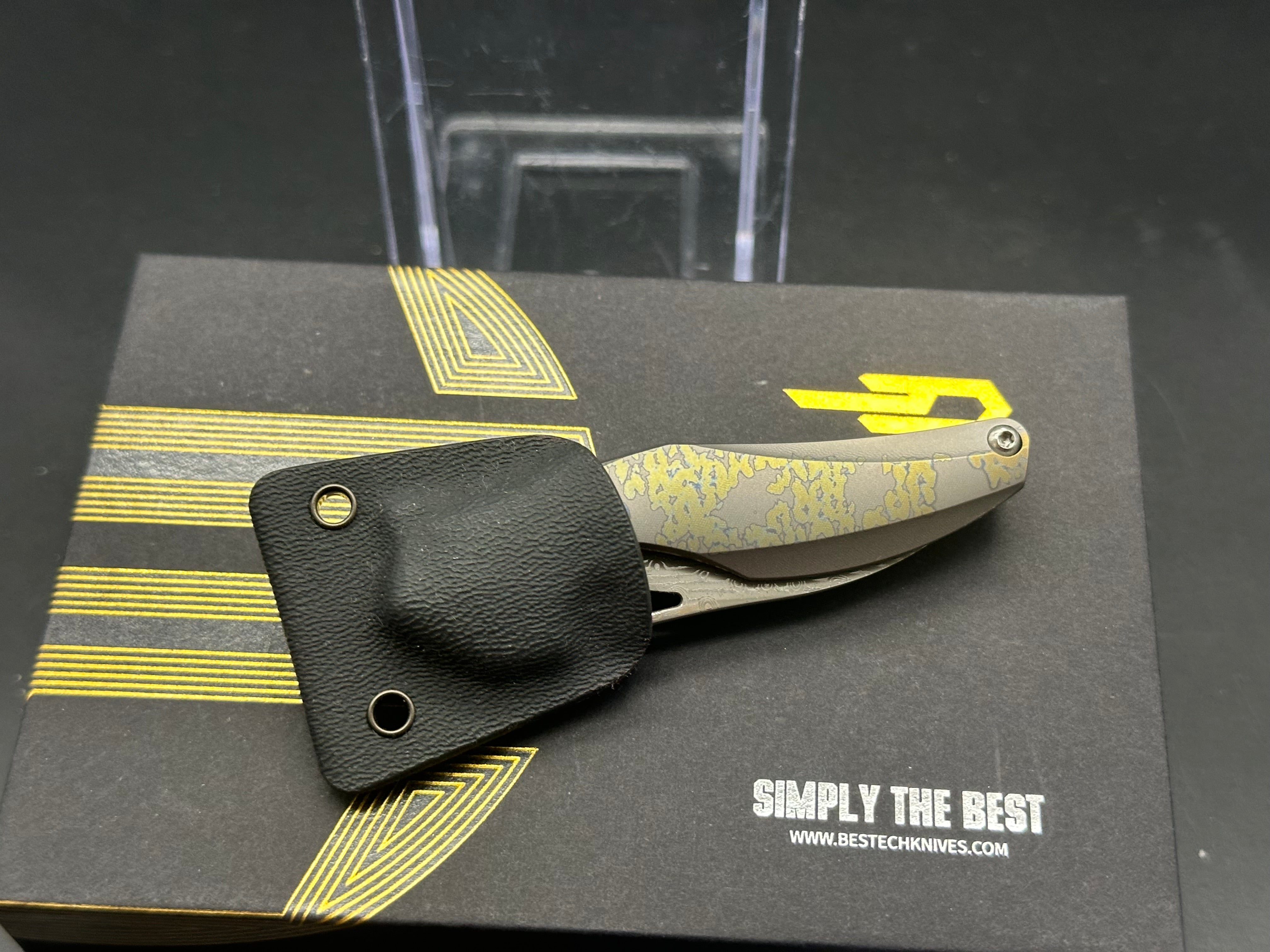 Bestech Isham Reticulan Frame Lock Folding Knife - Titanium Handle with Damascus Steel Blade - EDC Pocket Knife for Outdoor, Camping & Everyday Carry