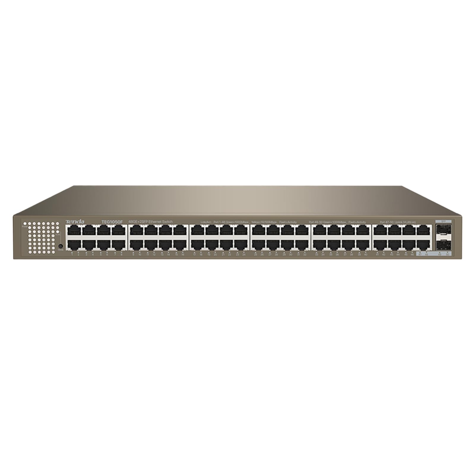 Tenda 50 Port Gigabit Ethernet Switch - Unmanaged Network Switch with 48 RJ45 Ports & 2 SFP Ports, Desktop or 19 Inch Rack Mount, Plug and Play, Steel Housing (TEG1050F) - Ideal for Office Networks, Data Centers, and Home Server Setups