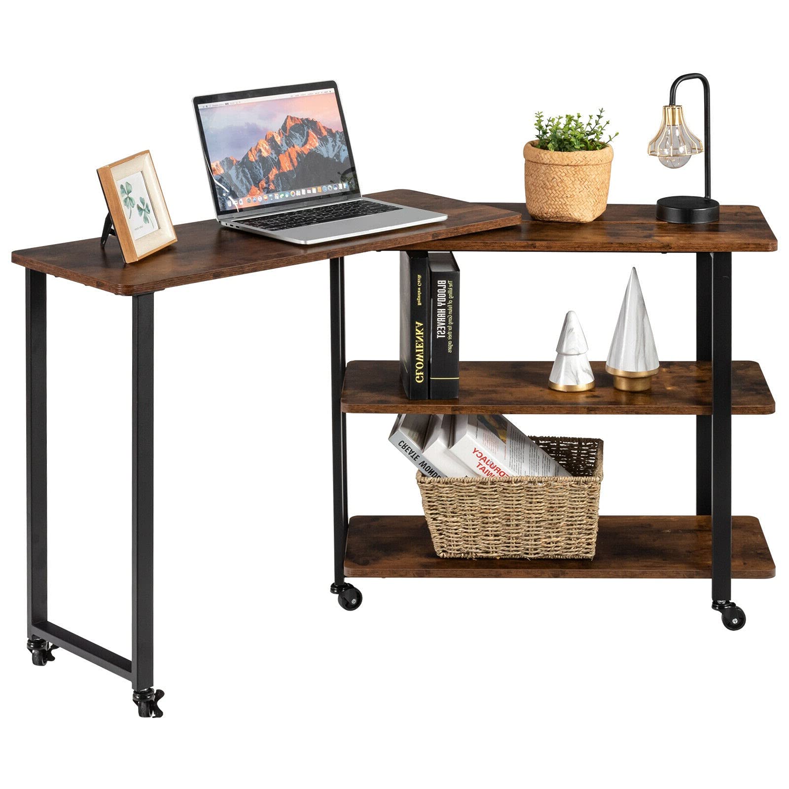 360° Rotating Rustic Brown L-Shaped Side Table with 2-Tier Storage Shelf - End Table, Bookcase & Laptop Workstation for Living Room, Office & Study - Sturdy Metal Frame Design