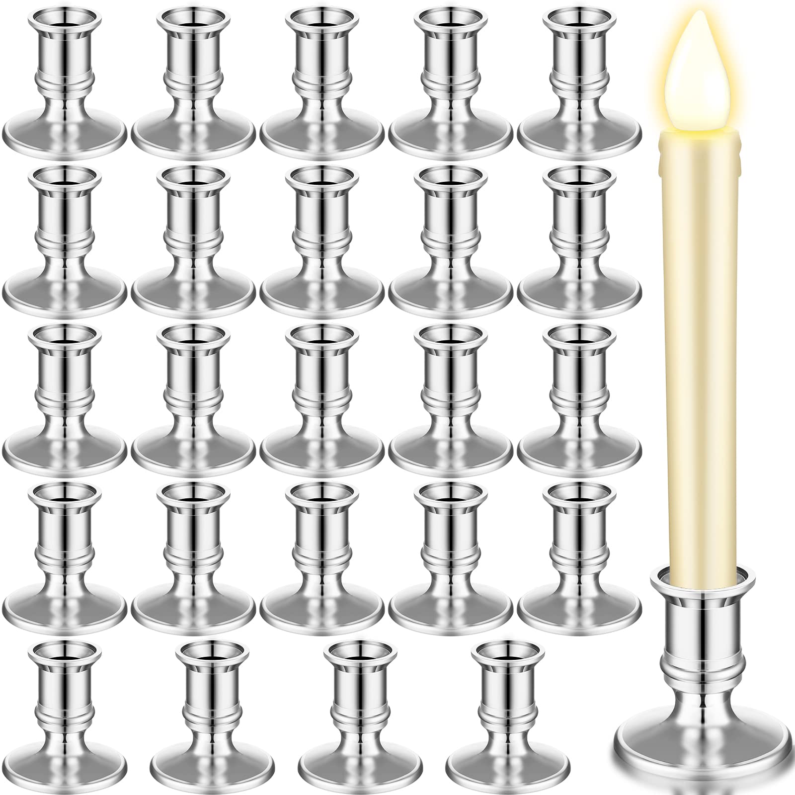 Silver Plastic Flameless LED Taper Candle Holders - 24 Pack Traditional Candlesticks for Halloween, Christmas, Wedding & Dinner Table Decor - Perfect for Centerpieces, Holiday Lighting and Romantic Ambiance