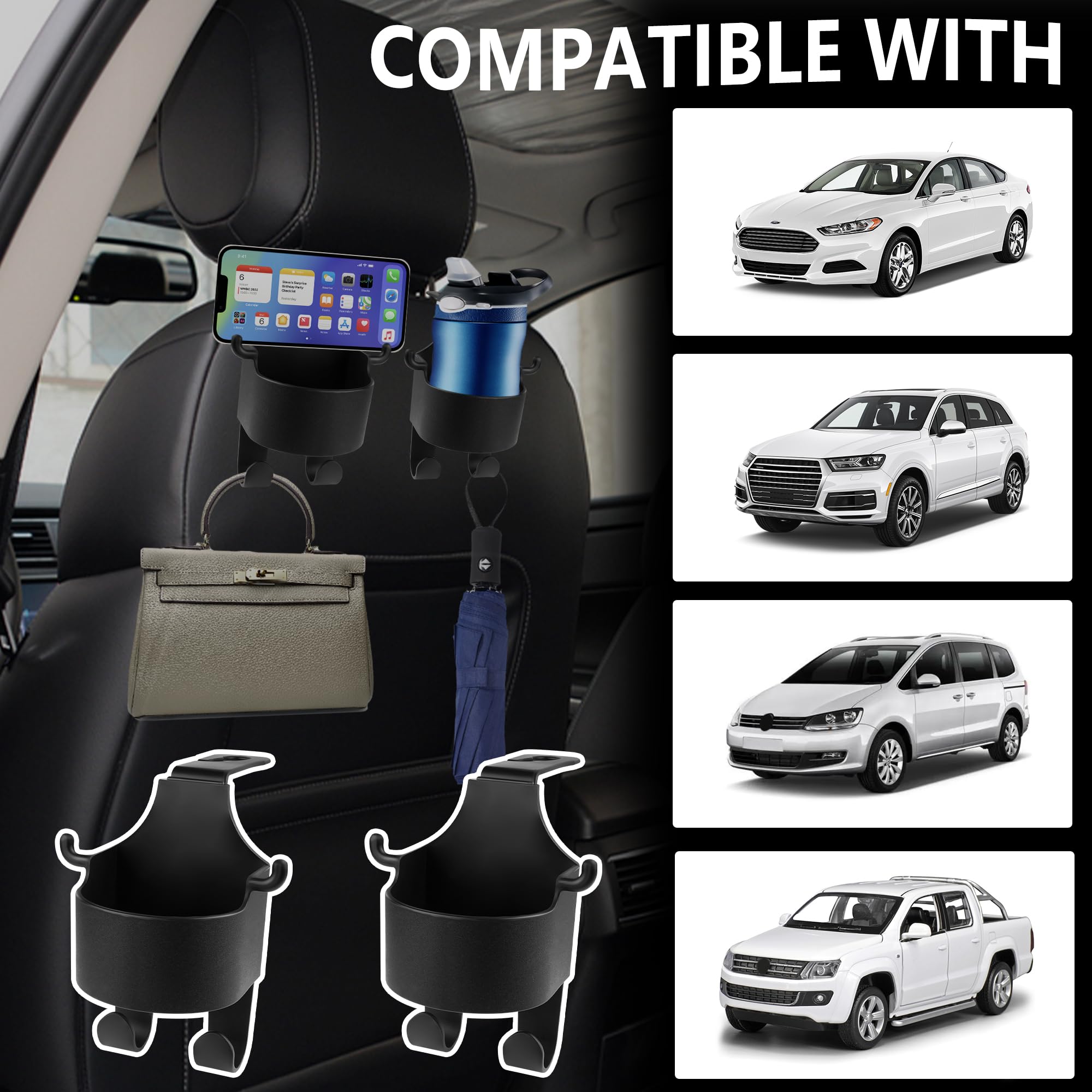2PCS Universal Car Back Seat Cup Holder with Hooks - Multifunctional Organizer for Phone, Keys, Wallet & Umbrella - Durable Car Accessories for Men & Women - Perfect for Road Trips, Commuting & Family Travel