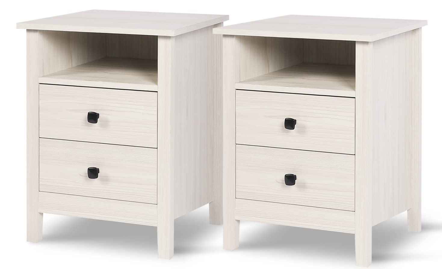 LTMEUTY Set of 2 Wooden Nightstands with Drawers - Modern White Wood Grain Bedside Tables with 2-Drawer & Open Cabinet Storage - Perfect for Bedroom, Living Room, or Guest Room Furniture
