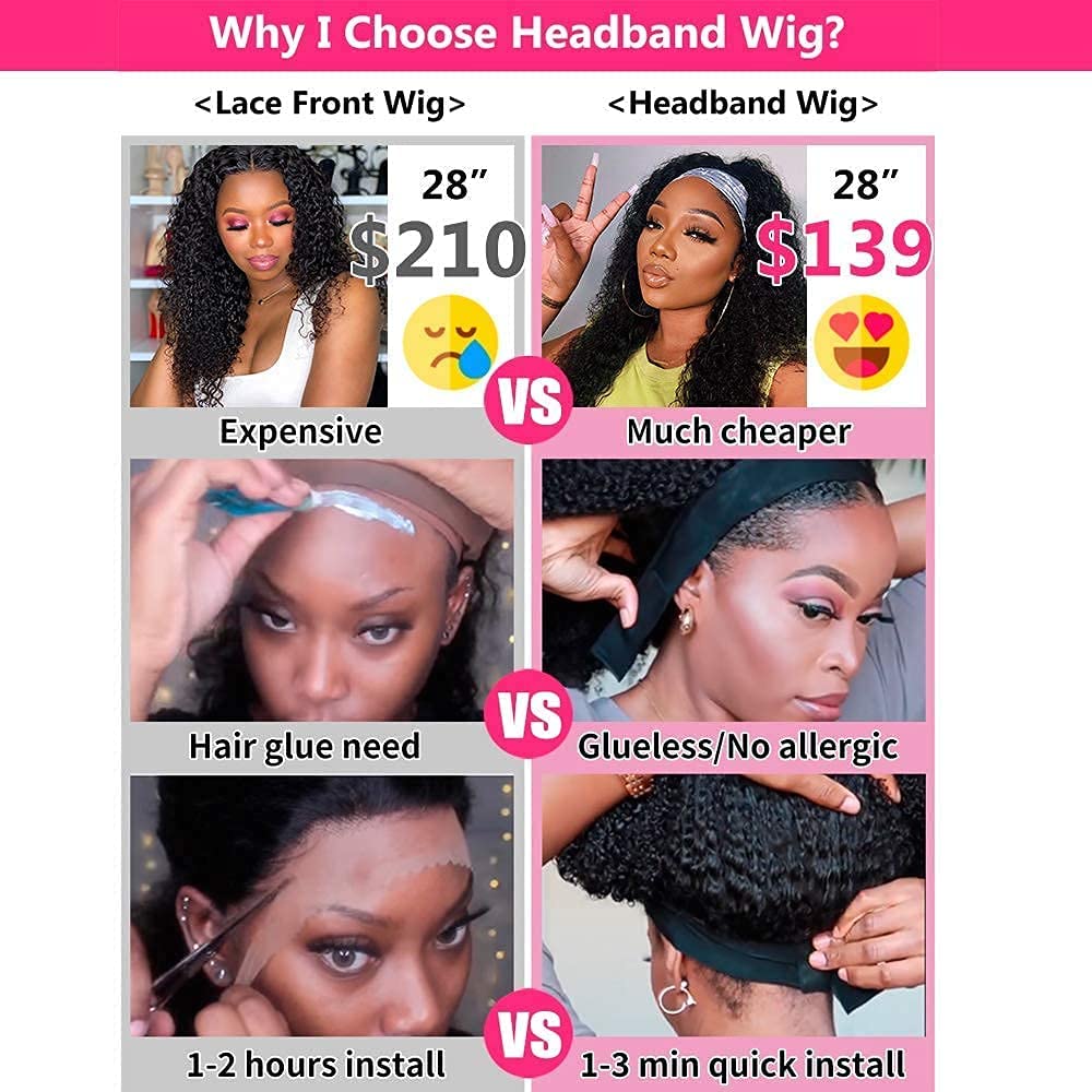 10 Inch Curly Headband Wig - 150% Density Glueless Human Hair Wig with Attached Headband | Brazilian Virgin Hair | No Lace Front | Perfect for Daily Wear, Parties & Cosplay