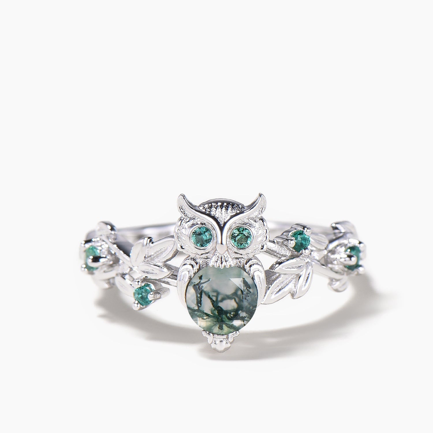 Natural Moss Agate Owl Engagement Ring - Round Cut Emerald Leaf Design, Nature Inspired Wedding Band for Women | Perfect for Proposals, Anniversaries, and Boho Chic Jewelry Lovers