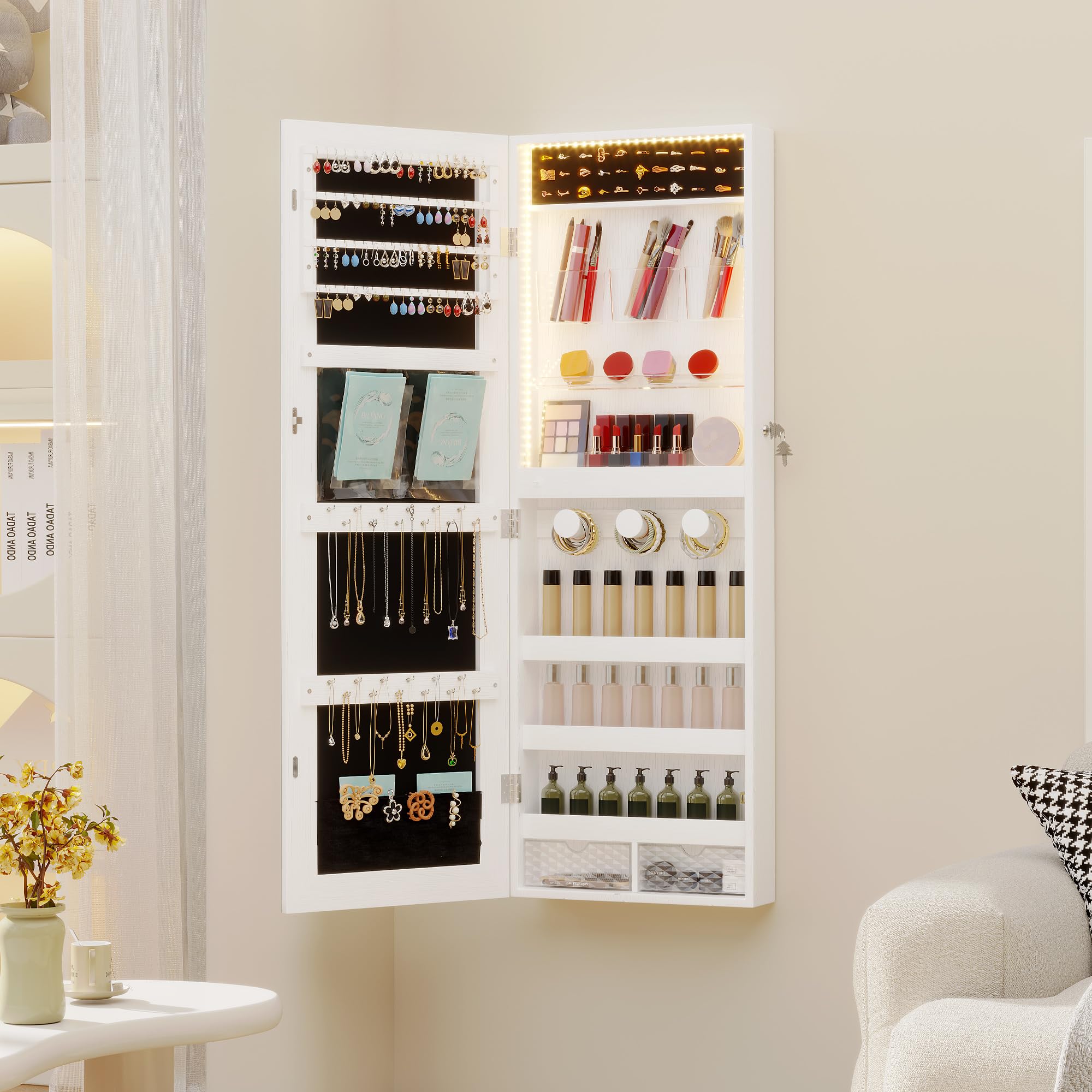 LVSOMT White Lockable Jewelry Armoire Organizer with LED Lights - Wall/Door Mounted Mirror Jewelry Cabinet with Storage | Perfect for Bedroom, Closet & Dressing Room Organization