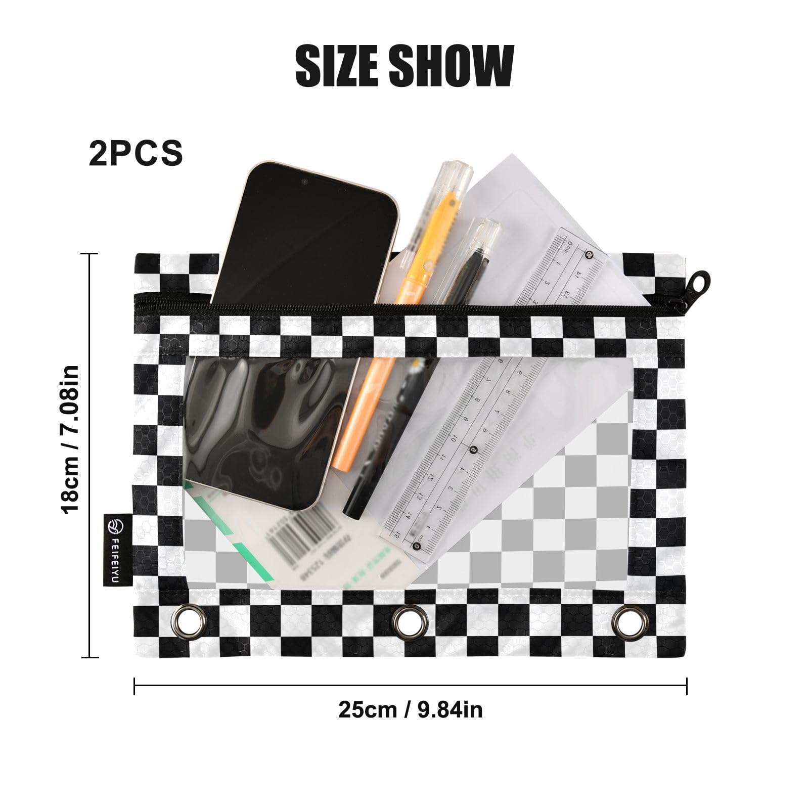 Waterproof Black & White Checkered Pencil Pouch with Clear Window - 2 Pack School Supplies for 3 Ring Binder, Kids, Boys & Girls - Perfect for Classroom, Office & Organization