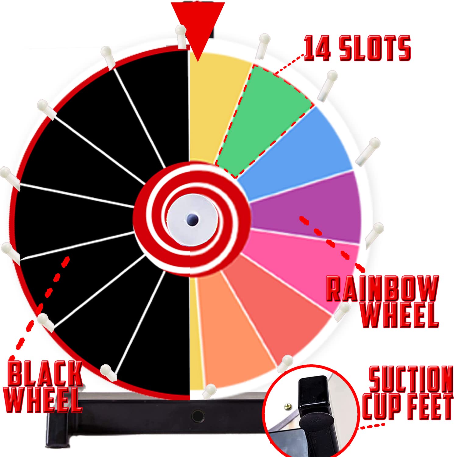 24 Inch 2-in-1 Rainbow & Black 14-Slot Prize Wheel - Colorful Acrylic Dry Erase Spinner for Casino Parties, Fundraisers & Events - Loud Clacker with True Motion Spin - Perfect for Game Nights, Carnivals & Classroom Activities