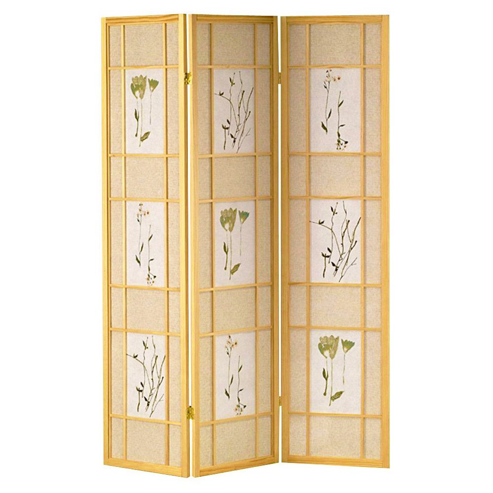 Japanese Shoji Floral Print Room Divider - 3 Panel Wooden Folding Screen with Natural Wood Frame | Perfect for Home Decor, Zen Spaces & Room Partition