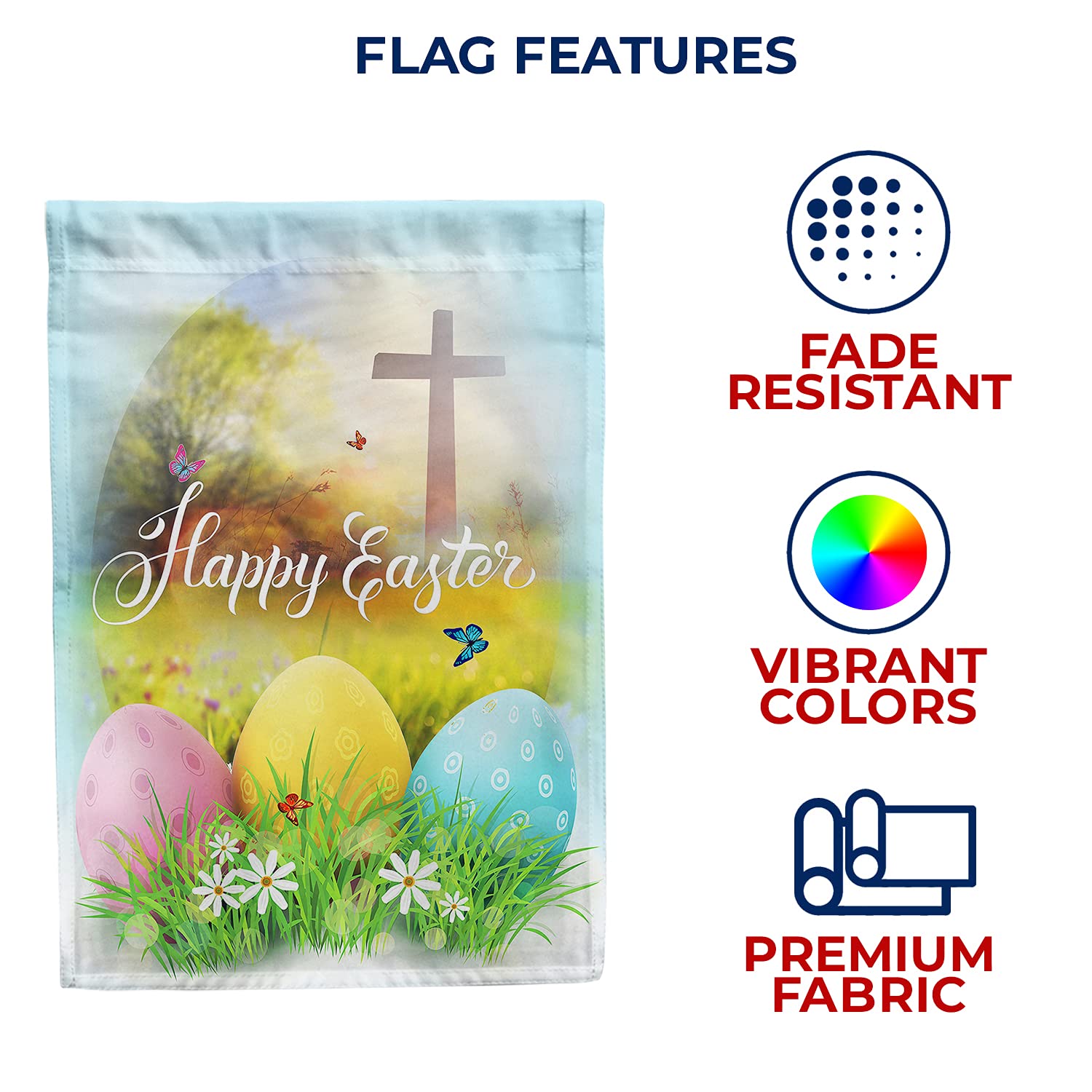 Happy Easter Garden Flag - 12.5 x 18 Inch Double Sided Religious Cross Design with Easter Eggs - Spring Seasonal Outdoor Yard Decoration for Home, Church & Holiday Celebrations