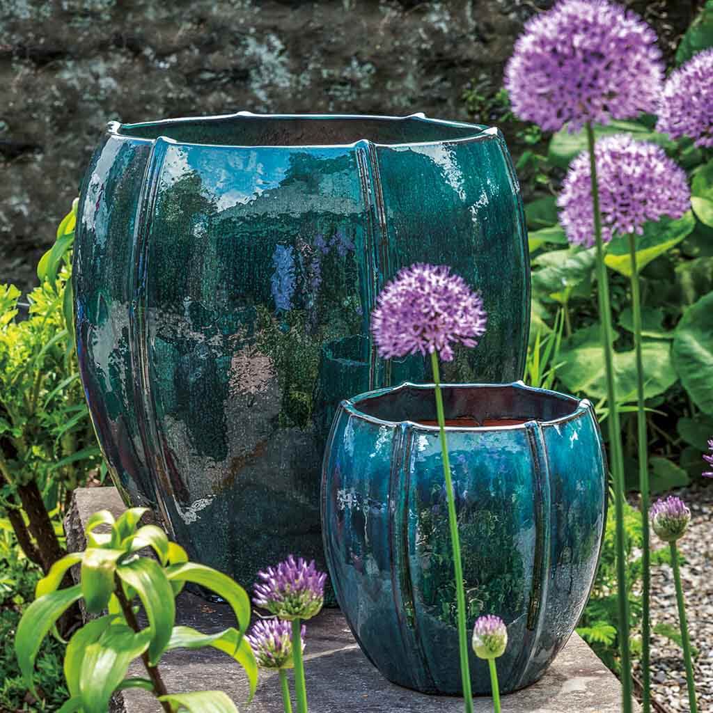 Campania International Rib Vault Planter Set of 3 - Indigo Rain Color - Outdoor Garden Planters for Patio, Deck, and Balcony Decor