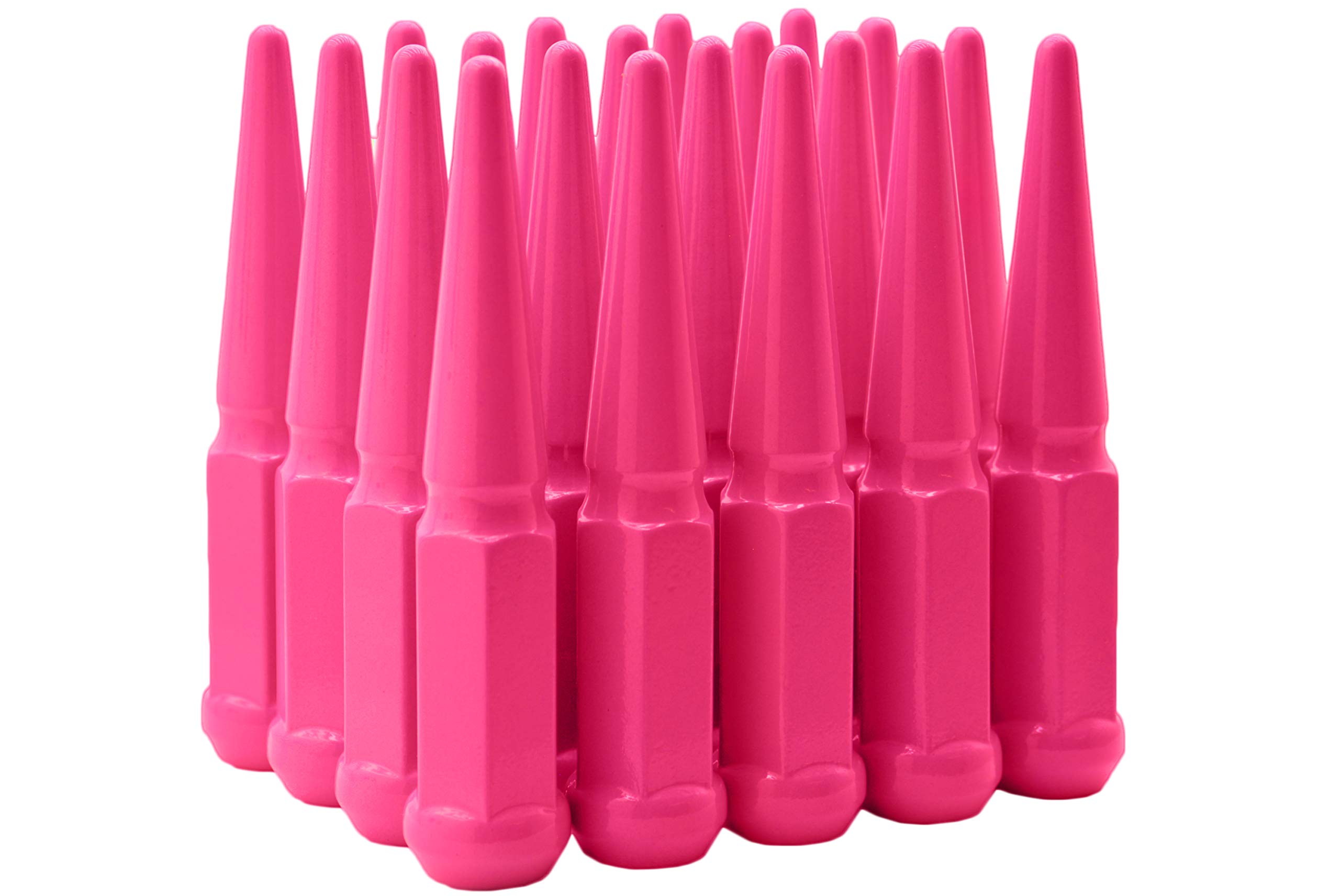 20 Hot Pink Spike Steel Lug Nuts - Powder Coated Custom Color, 4.5 Inches Tall, M14x1.5 Thread Pitch - Compatible with Jeep 2018-2024 JL Sahara & Gladiator Models - Perfect for Off-Roading, Custom Wheels, and Jeep Accessories
