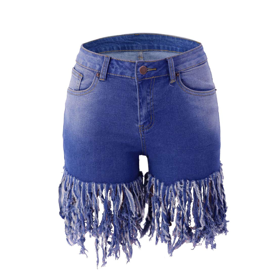 Women's High Waisted Denim Shorts with Tassels - Stretchy Summer Short Jeans with Raw Hem & Frayed Details - Perfect for Clubwear, Beach Outfits & Casual Street Style
