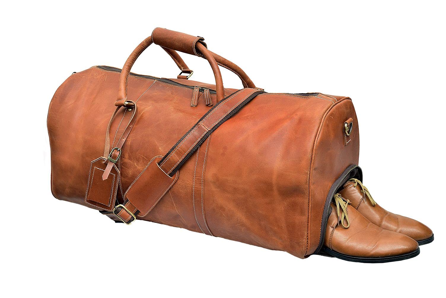 24 Inch Full Grain Leather Duffel Bag for Men & Women - Travel, Gym, Sports & Weekend Overnight Bag - Durable Carryall for Business Trips, Workouts & Vacation Packing