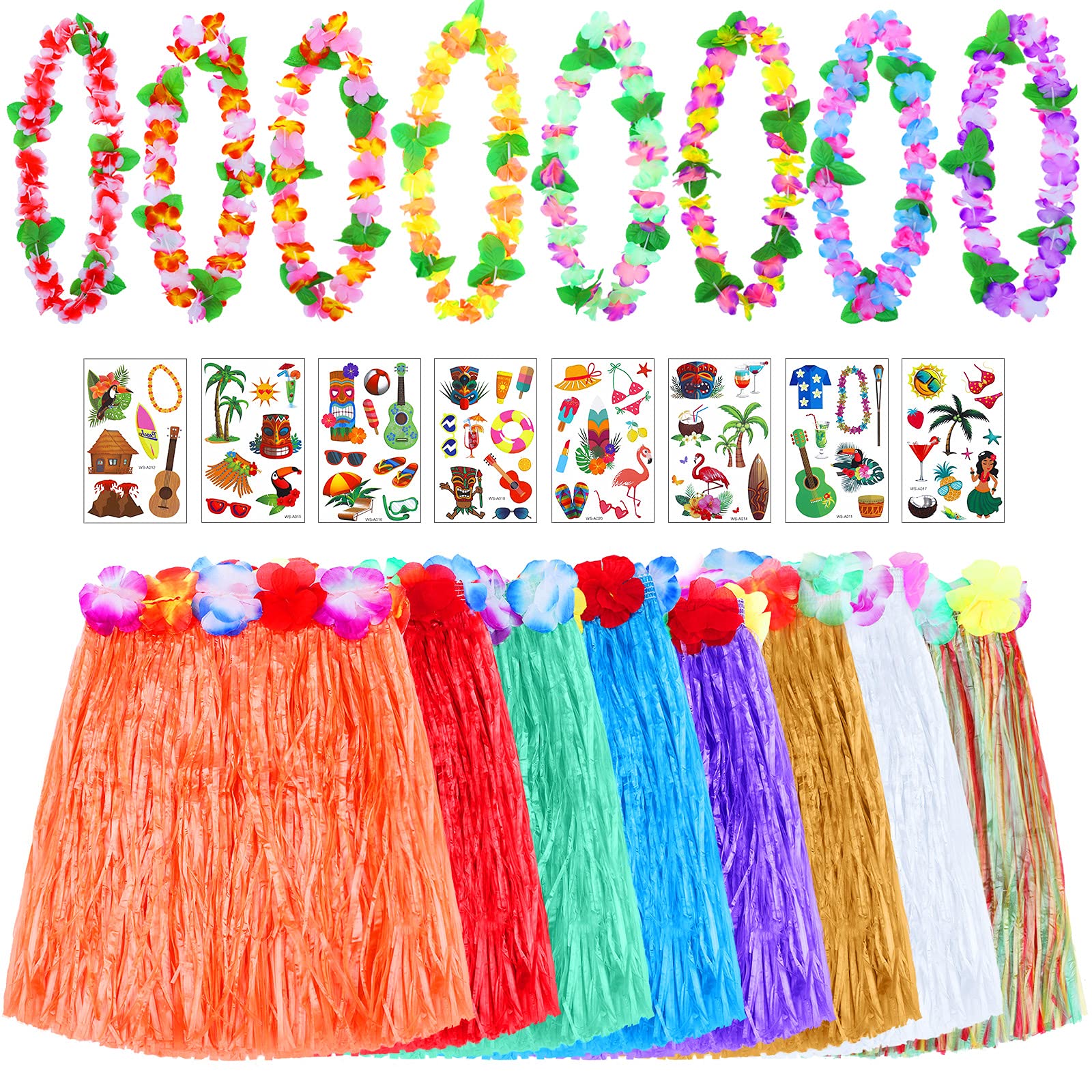 Elcoho 24-Piece Hawaiian Party Set - 8 Tropical Leis, 8 Grass Skirts, 8 Necklaces & 8 Luau Tattoos - Perfect for Hawaiian Themed Parties, Luau Decorations & Summer Beach Events