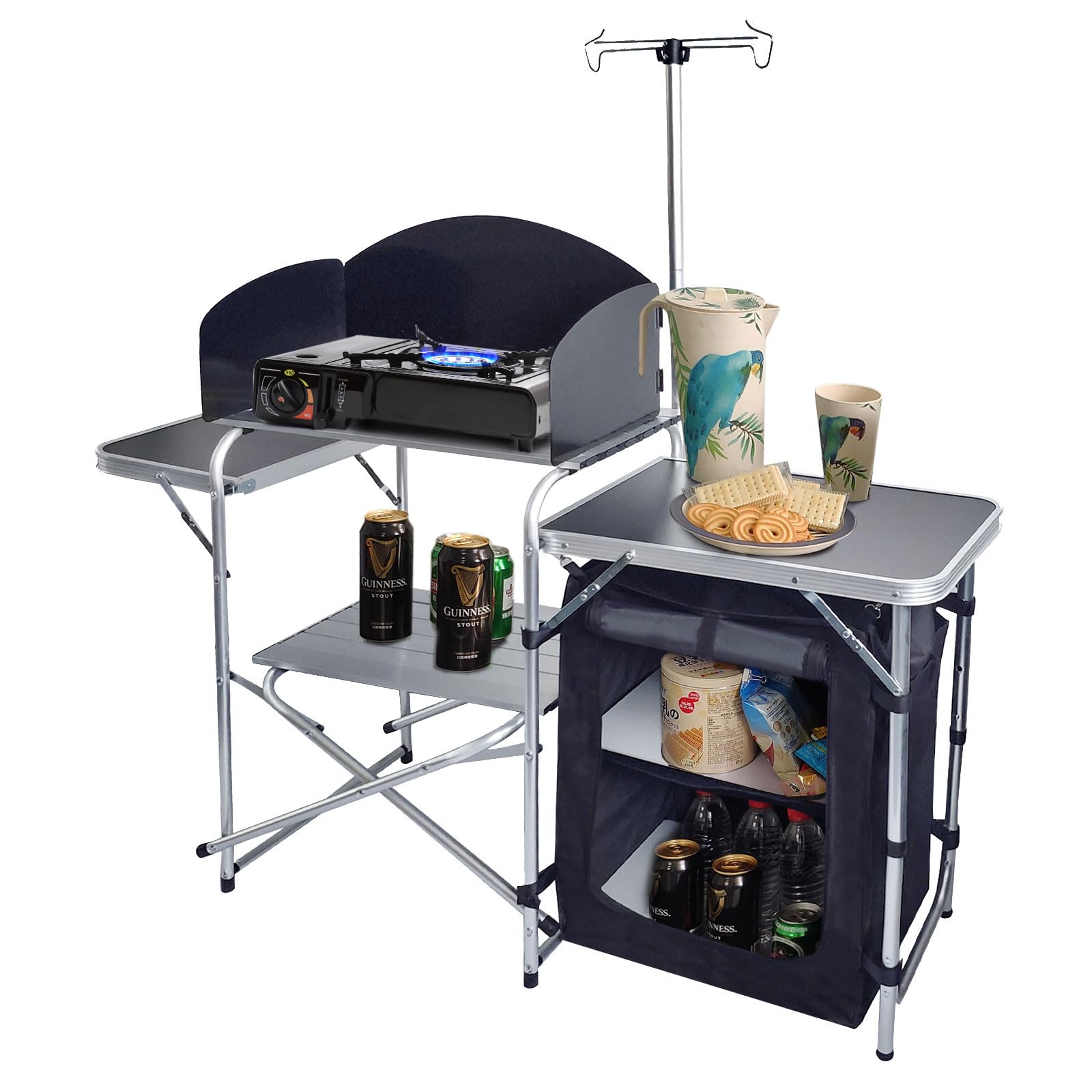 CampLand Portable Folding Camping Table - Lightweight Aluminum Outdoor Cooking Station with Storage Organizer for Picnics, BBQ & RV Trips (Black)