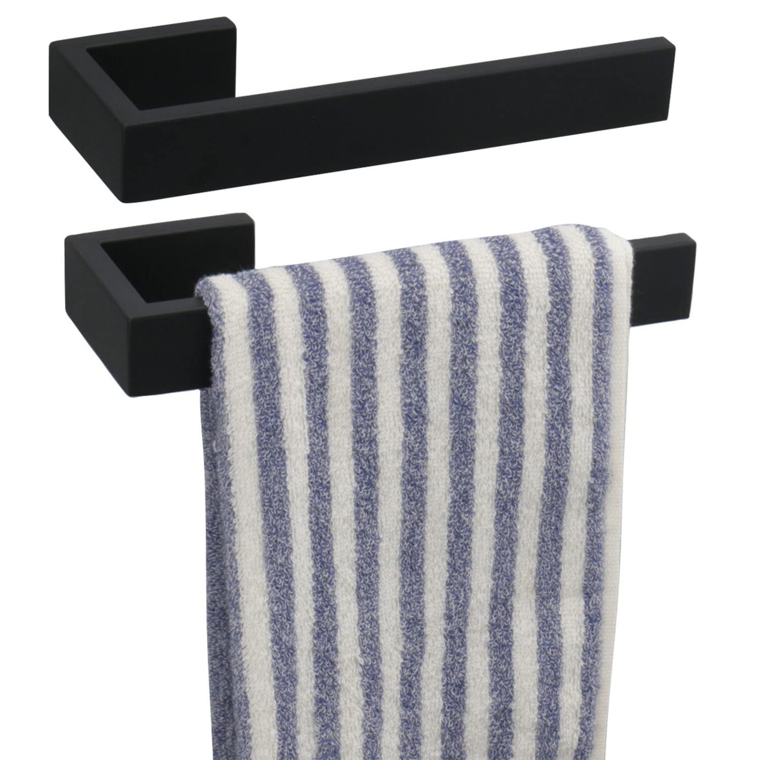 TocTen 2-Pack Stainless Steel Hand Towel Holder - Thick SUS304 Wall Mounted Towel Ring & Hanger for Bathroom, Kitchen, or Laundry Room - Matte Black Square Towel Bar (9 Inch, Heavy Duty) - Perfect for Modern Home Decor & Space Saving Storage