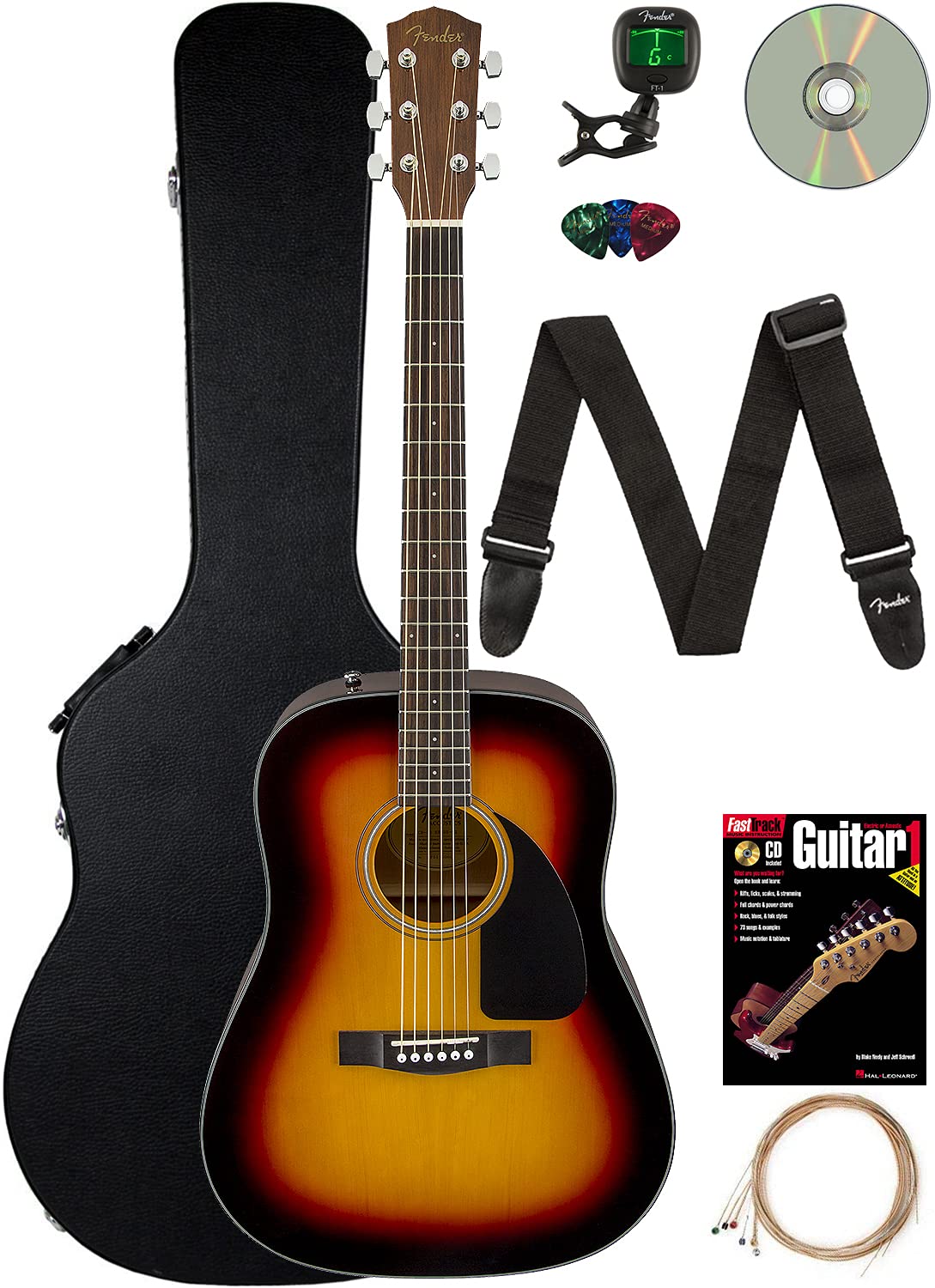 Fender CD-60 Dreadnought Acoustic Guitar Sunburst Bundle with Hard Case, Strap, Tuner, Strings, Picks & Instructional Book - Perfect for Beginners, Campfires, Live Performances & Home Practice