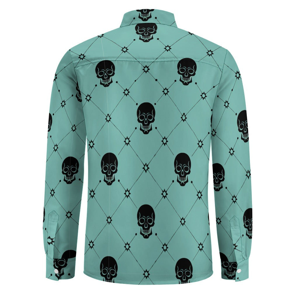 Black Skulls Casual One Pocket Long Sleeve Shirt for Men - Stylish Gothic Streetwear Top for Everyday Wear, Parties & Halloween