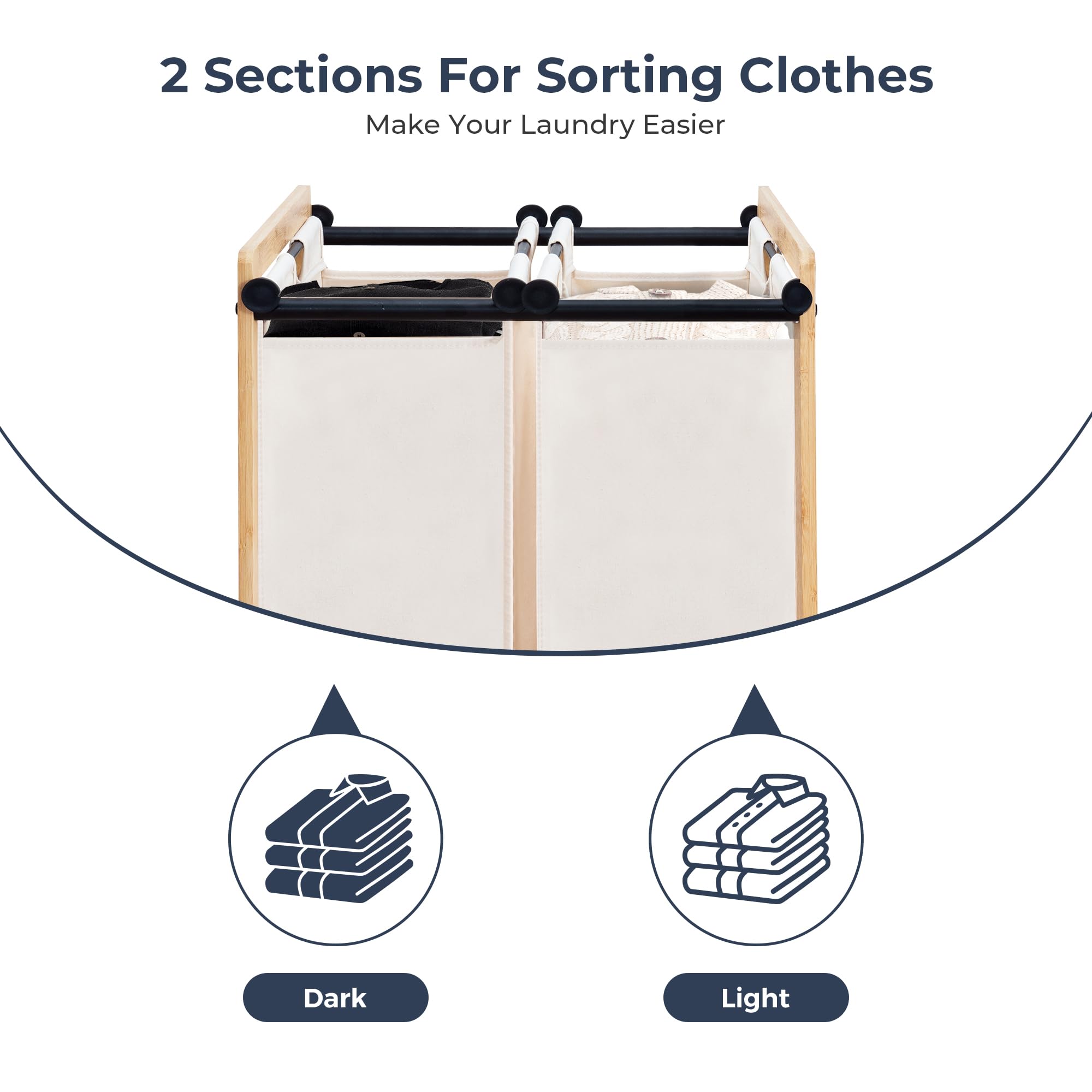 STO 2-Section Bamboo Frame Laundry Sorter with Lockable Wheels - Removable Bag Rolling Laundry Hamper Cart for Clothes Storage - Perfect for Laundry Room, Bedroom & Dorm Organization (Beige)