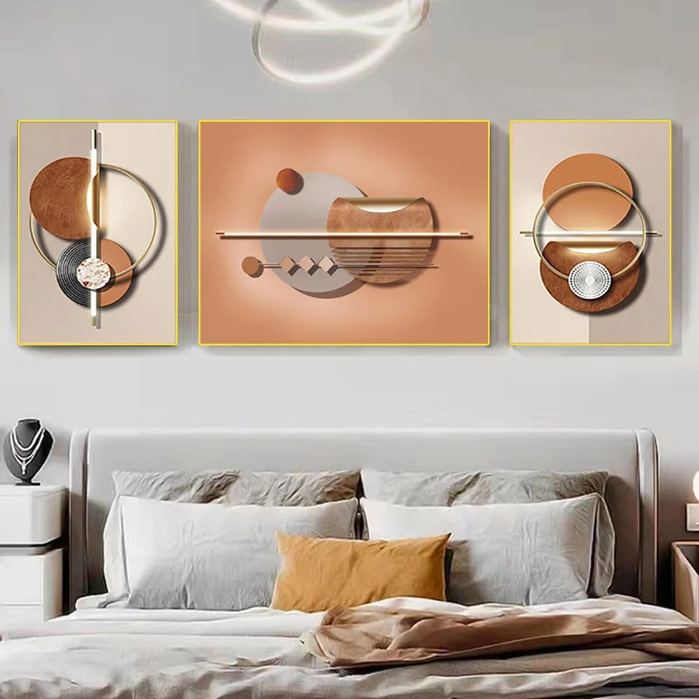 Abstract Wall Art Set of 3 - Modern Geometric Canvas Paintings with Frame - Wall Decor for Living Room, Bedroom & Office - Home & Office Decor