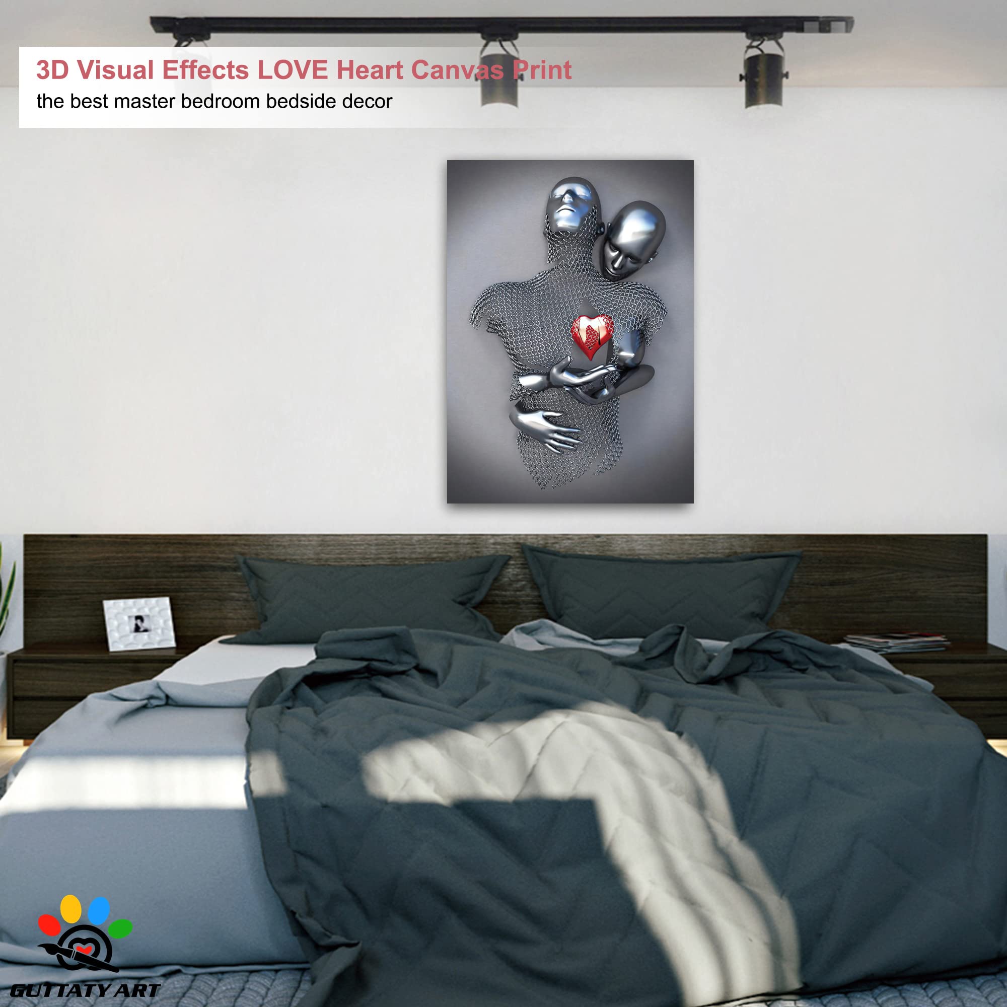 3D Metal Effect Love Heart Gray Canvas Wall Art - Romantic Hugging Couple Painting for Bedroom & Living Room Decor - Valentine's Day Gift for Couples (28x40 Inches) - Perfect for Anniversary, Wedding & Home Interior Design