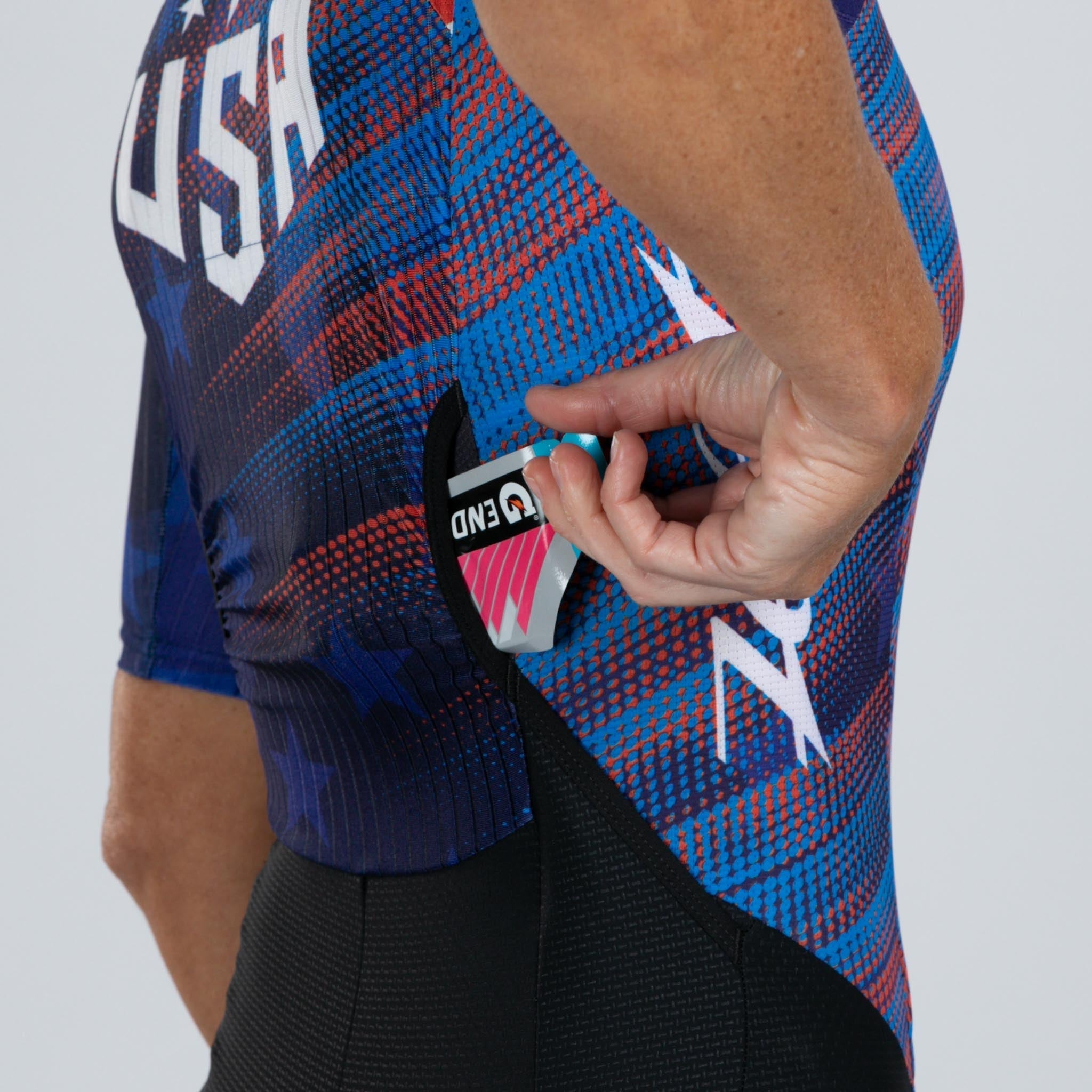 Women's Ultra Tri P1 Racesuit - High Performance Triathlon Suit for Women | Red White Blue Design | Ideal for Swimming, Cycling & Running Competitions