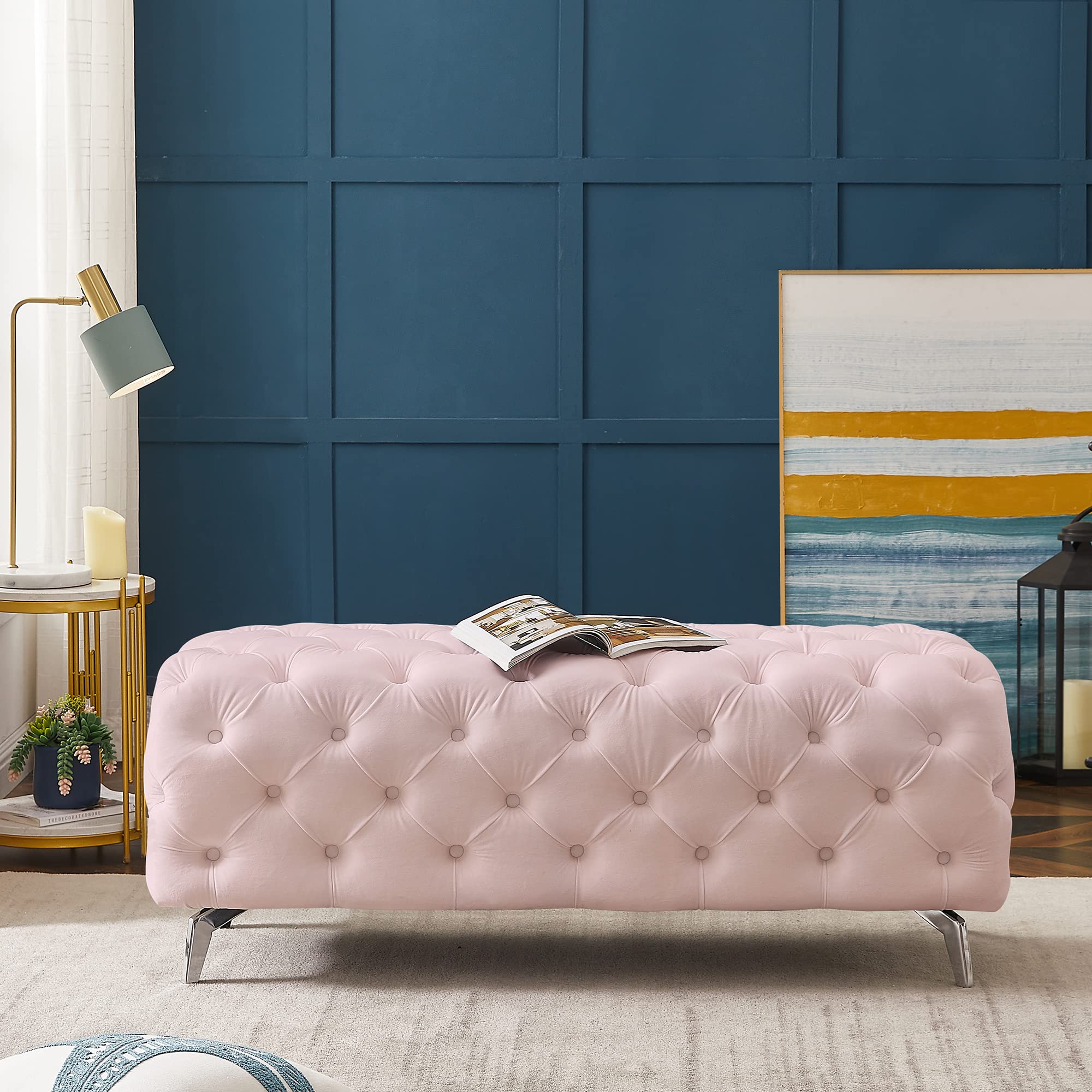 Olela 51 Inch Upholstered Tufted Velvet Rectangular Ottoman Bench with Storage - Pink Footrest Stool for Living Room, Bedroom, Entryway | Perfect for Extra Seating, Footrest & Home Decor