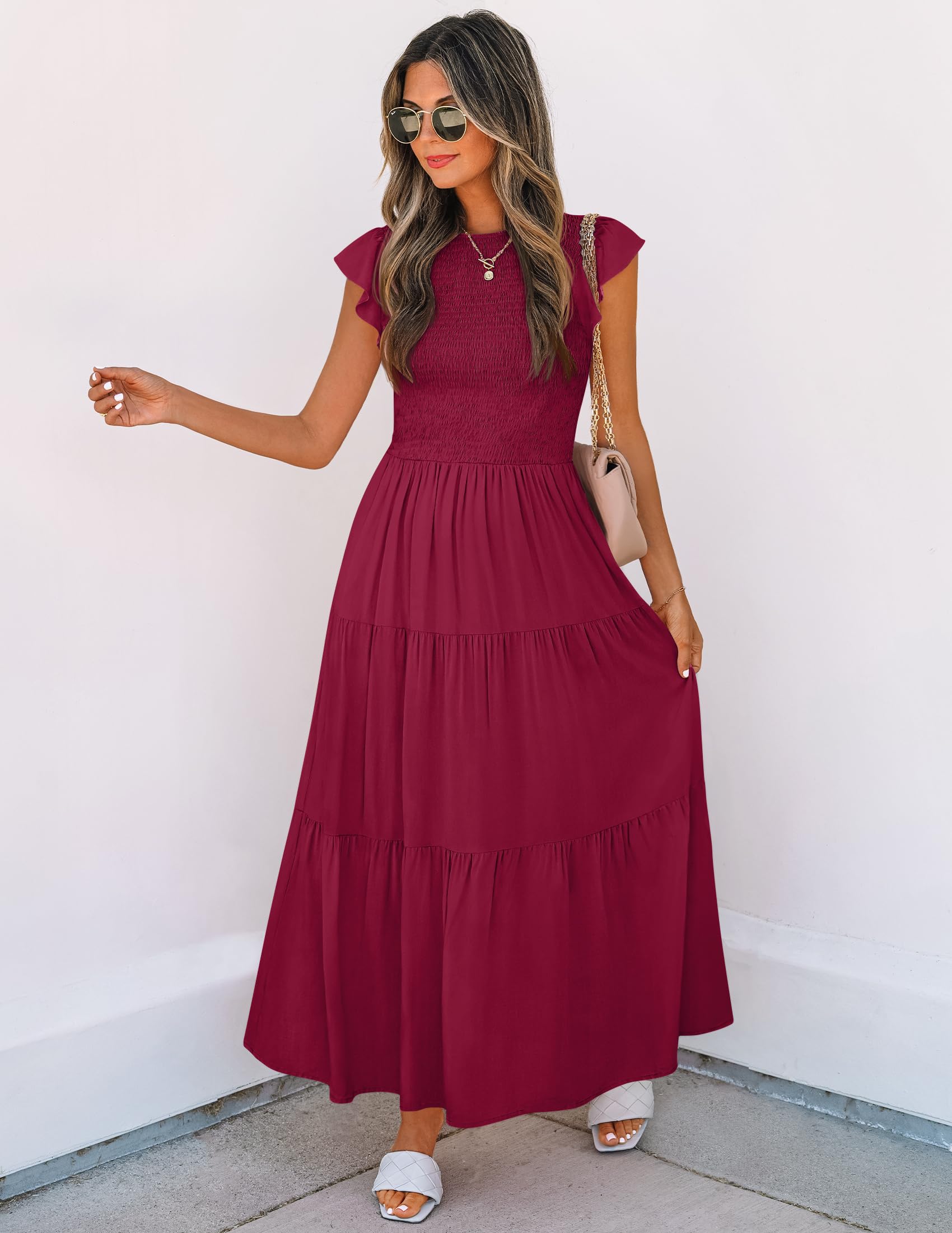 ZESICA Women's Summer 2025 Flutter Sleeve Smocked Waist Tiered Midi Dress - Casual Crew Neck Elastic Dress for Beach, Vacation & Everyday Wear