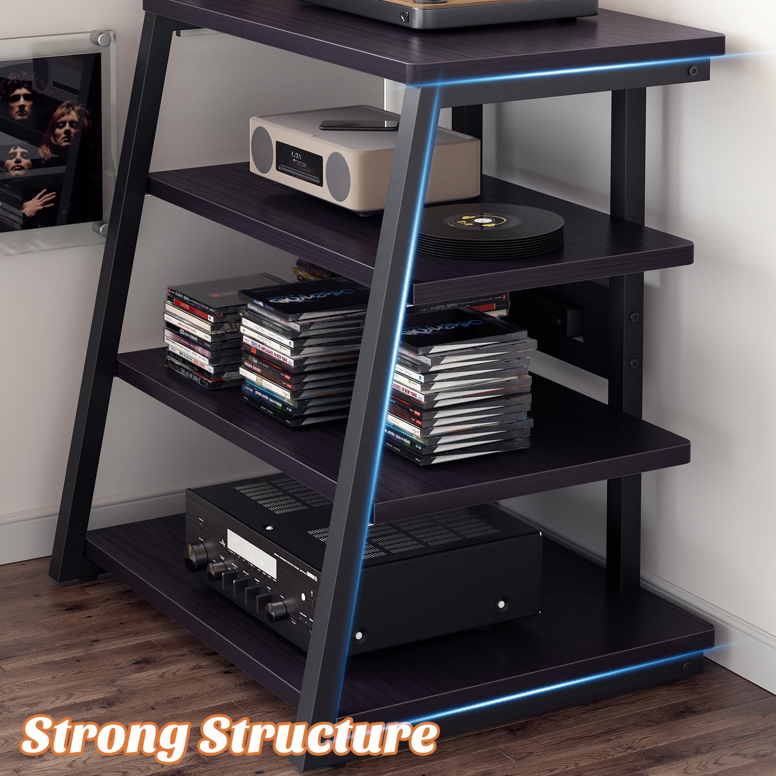 AV Media Stand with Power Outlets & LED Lights - Black Entertainment Center with Storage Shelves for TV, Stereo & Audio Equipment - Perfect for Living Room, Home Theater & Gaming Setup