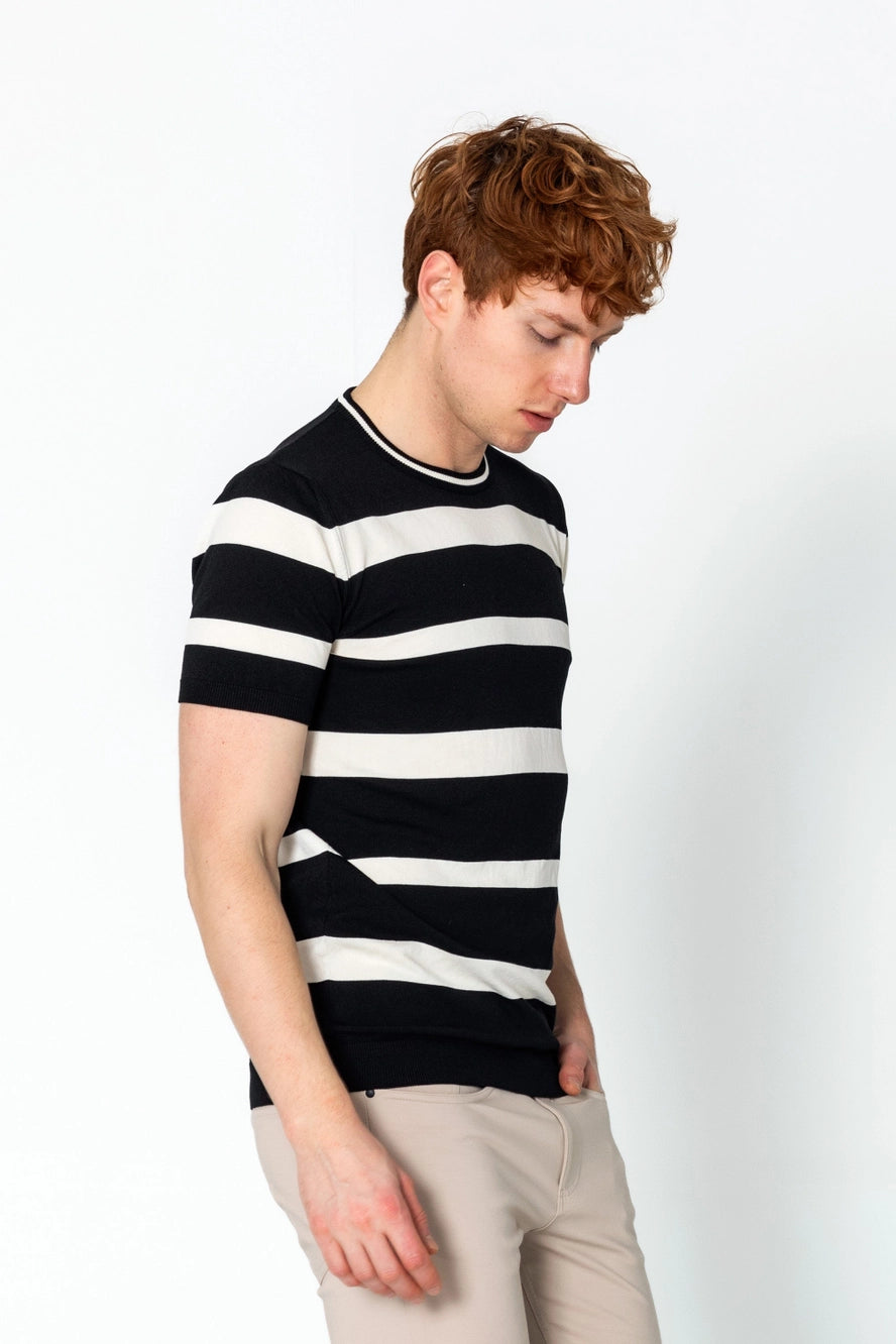 RNT23 Striped Knit T-Shirt for Men & Women - Soft Cotton Casual Tee - Black & White Striped Shirt for Everyday Wear, Outfits, and Layering