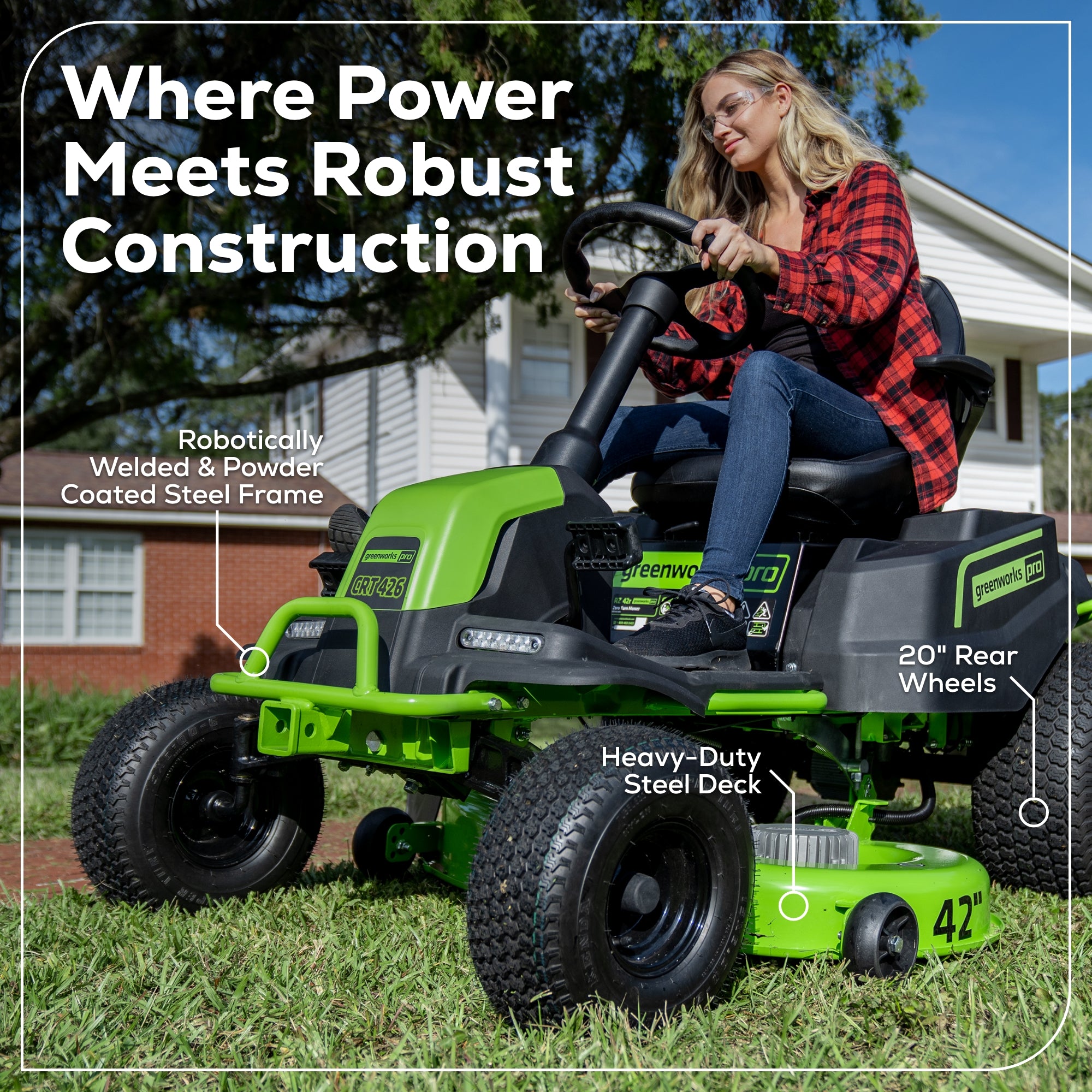 60V 42-Inch Cordless Battery Riding Lawn Mower with 4x 8.0Ah Batteries & 2x Dual Port Turbo Chargers - Perfect for Large Yard Maintenance & Commercial Landscaping