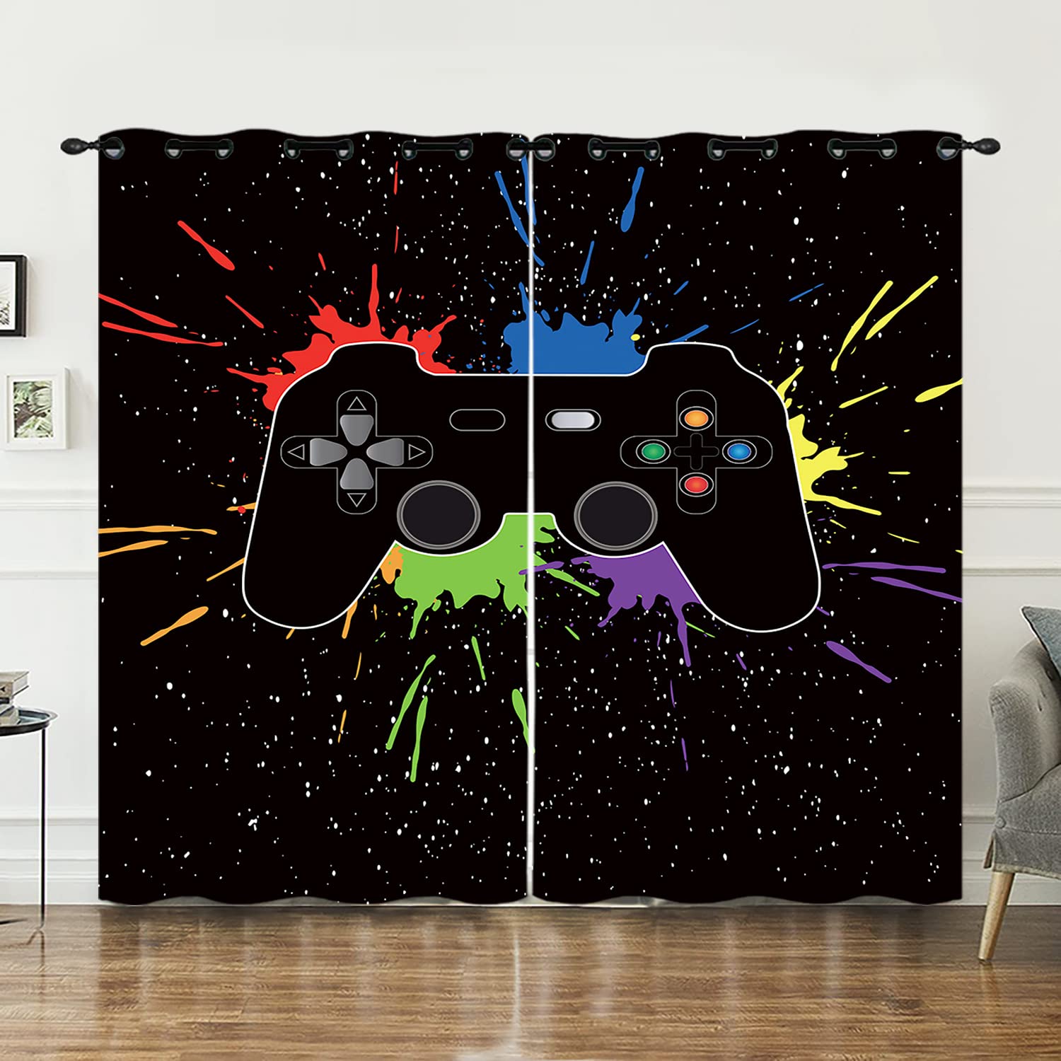 **AILONEN Gaming Themed Blackout Curtains for Boys Room - Video Game Controller Design, Colorful Grommet Window Drapes (2 Panels Set) - Perfect for Kids Bedroom, Game Room & Teen Decor**
