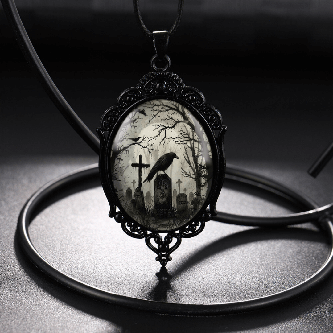 Gothic Cross Crow Raven Embossed Halloween Pendant Necklace for Women & Men | KY001 | Perfect for Halloween Costumes, Gothic Fashion & Dark Aesthetic Jewelry