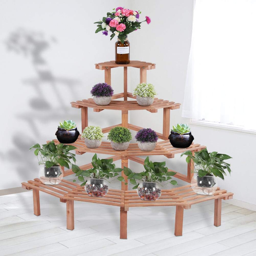 4-Tier Pine Wood Corner Shelf - Plant Stand for Flower Pots, Garden Decor & Indoor/Outdoor Display | Perfect for Small Spaces, Balconies & Patios
