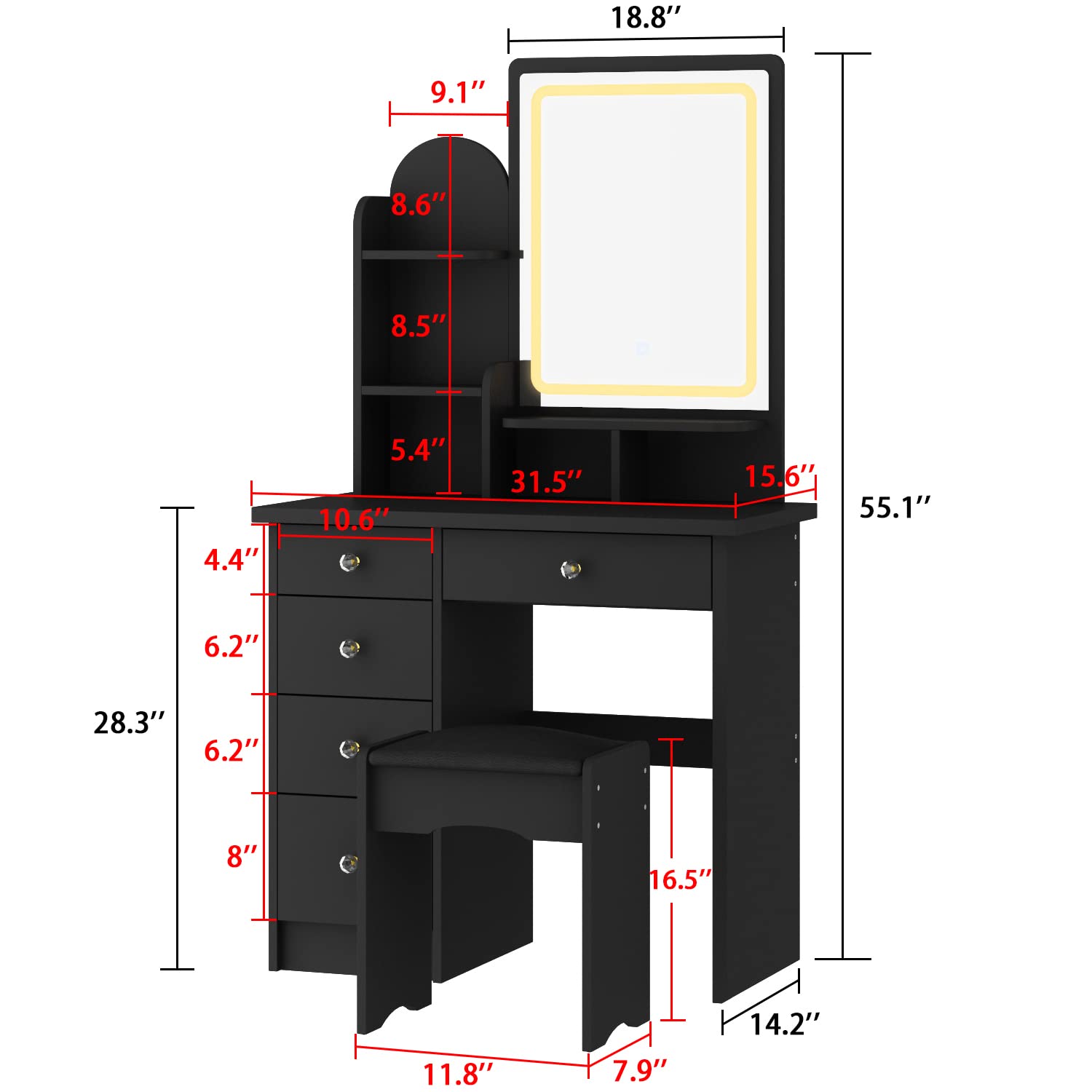 Black Vanity Set with Lighted Mirror & Stool - 5 Drawers Dresser for Makeup & Dressing