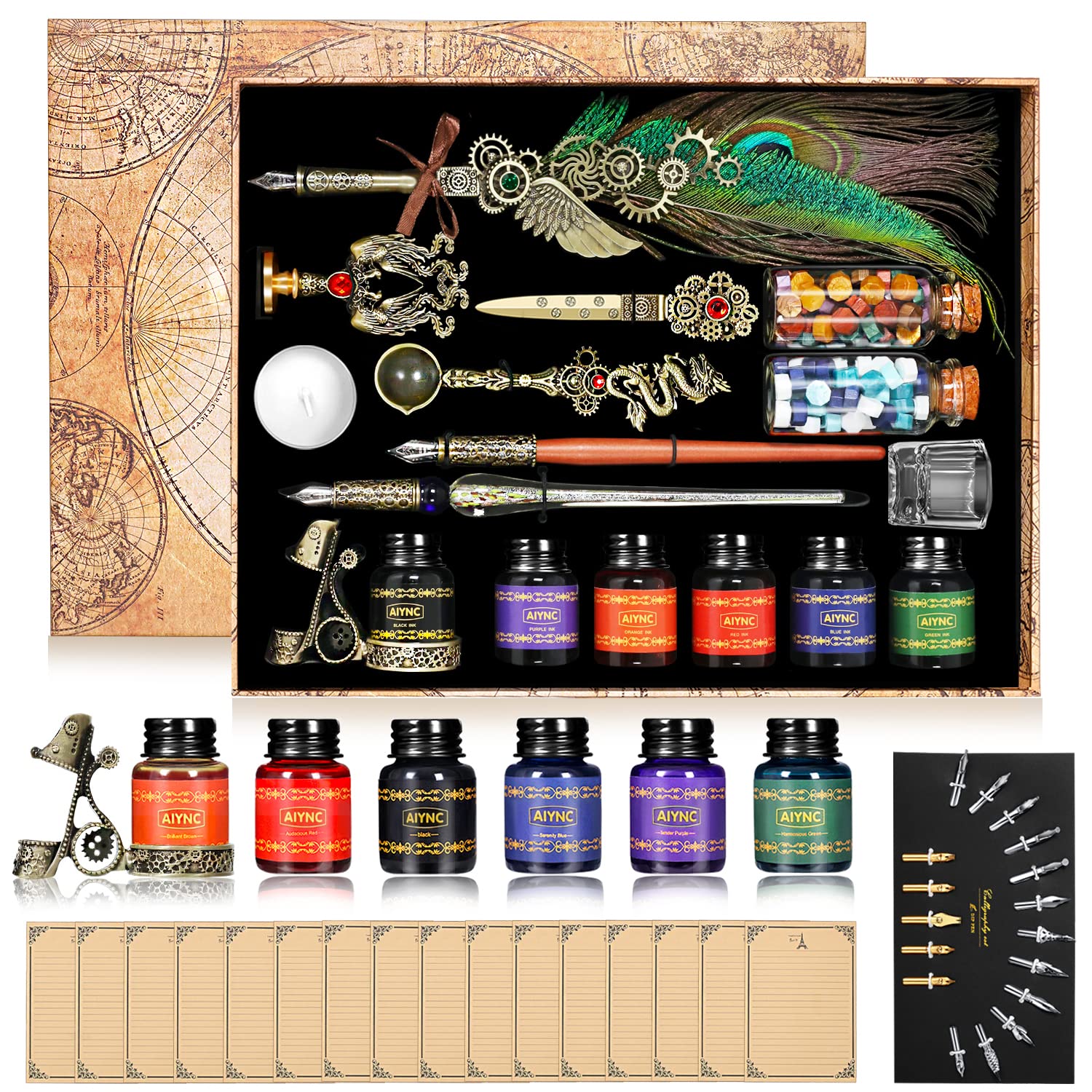Elegant Peacock Feather Quill Pen and Ink Set with Wax Seal Stamp - Premium Calligraphy Kit for Writing Enthusiasts | Perfect Valentine's Day, Birthday & Holiday Gift for Writers, Journaling, Wedding Invitations & Vintage Letter Writing