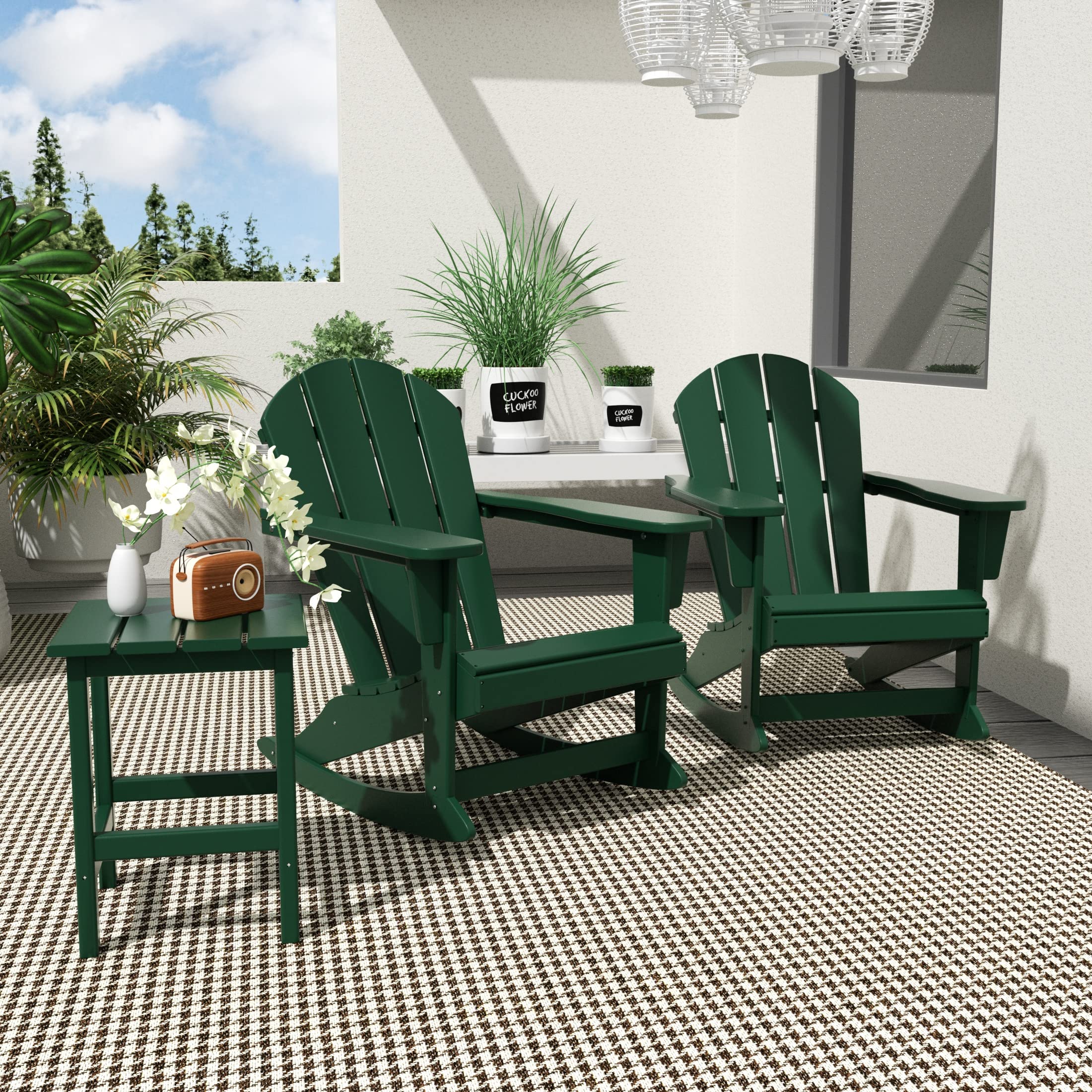 WO Home Furniture 3-Piece Patio Rocking Chair Set - Classic Outdoor Adirondack Rocker Chairs & Table in Dark Green - Perfect for Backyard, Garden, and Porch Relaxation