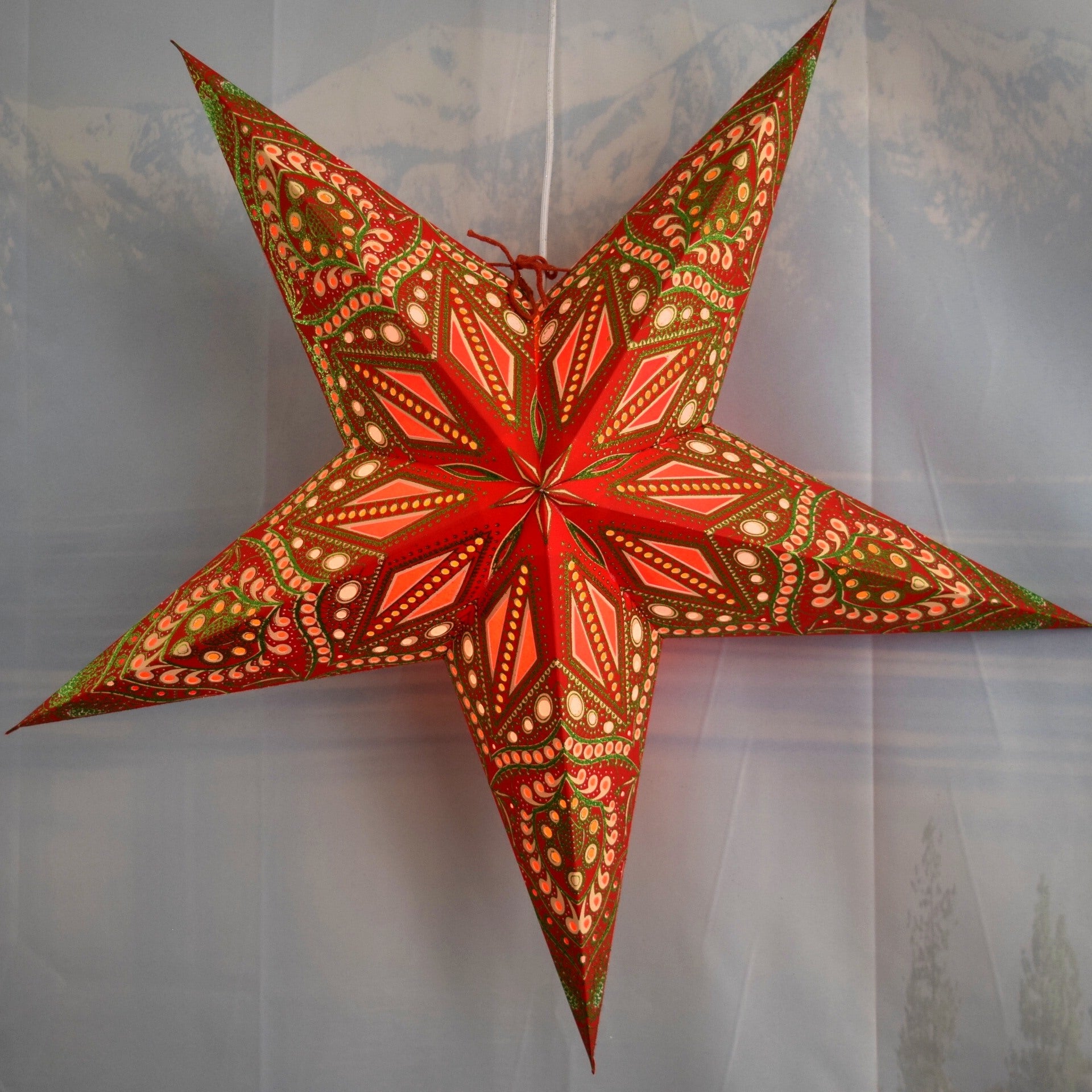 24 Inch Paper Star Lantern - Red, Green & Twilight Jewel Glitter Hanging Decor for Christmas, Party, Wedding & Home Decoration