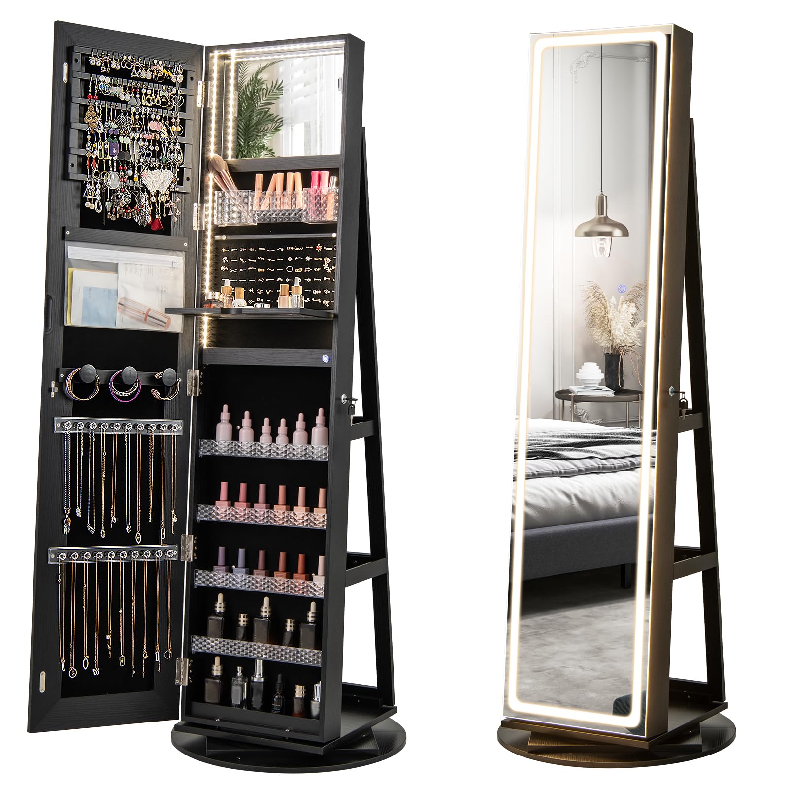 Charmaid LED Mirror Jewelry Cabinet Armoire - 360° Swivel Full Length Mirror with Jewelry Storage, 3 Color Adjustable Lighting, Lockable Standing Jewelry Organizer with Lighted Mirror (Black) | Perfect for Bedroom, Dressing Room & Vanity Decor