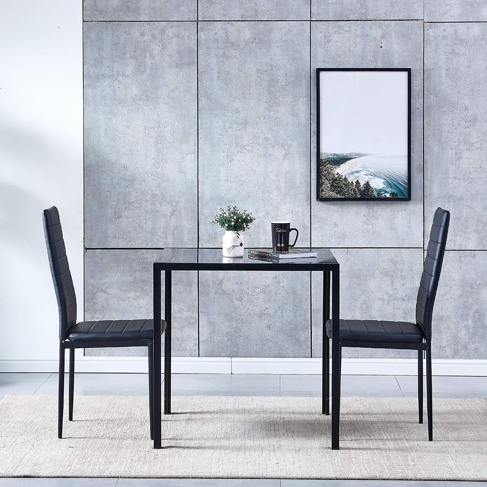 3-Piece Modern Black Glass Dining Table Set with 2 Velvet Chairs - Space-Saving Square Kitchen Table for Small Spaces | Perfect for Apartments, Breakfast Nooks & Cozy Dining Areas