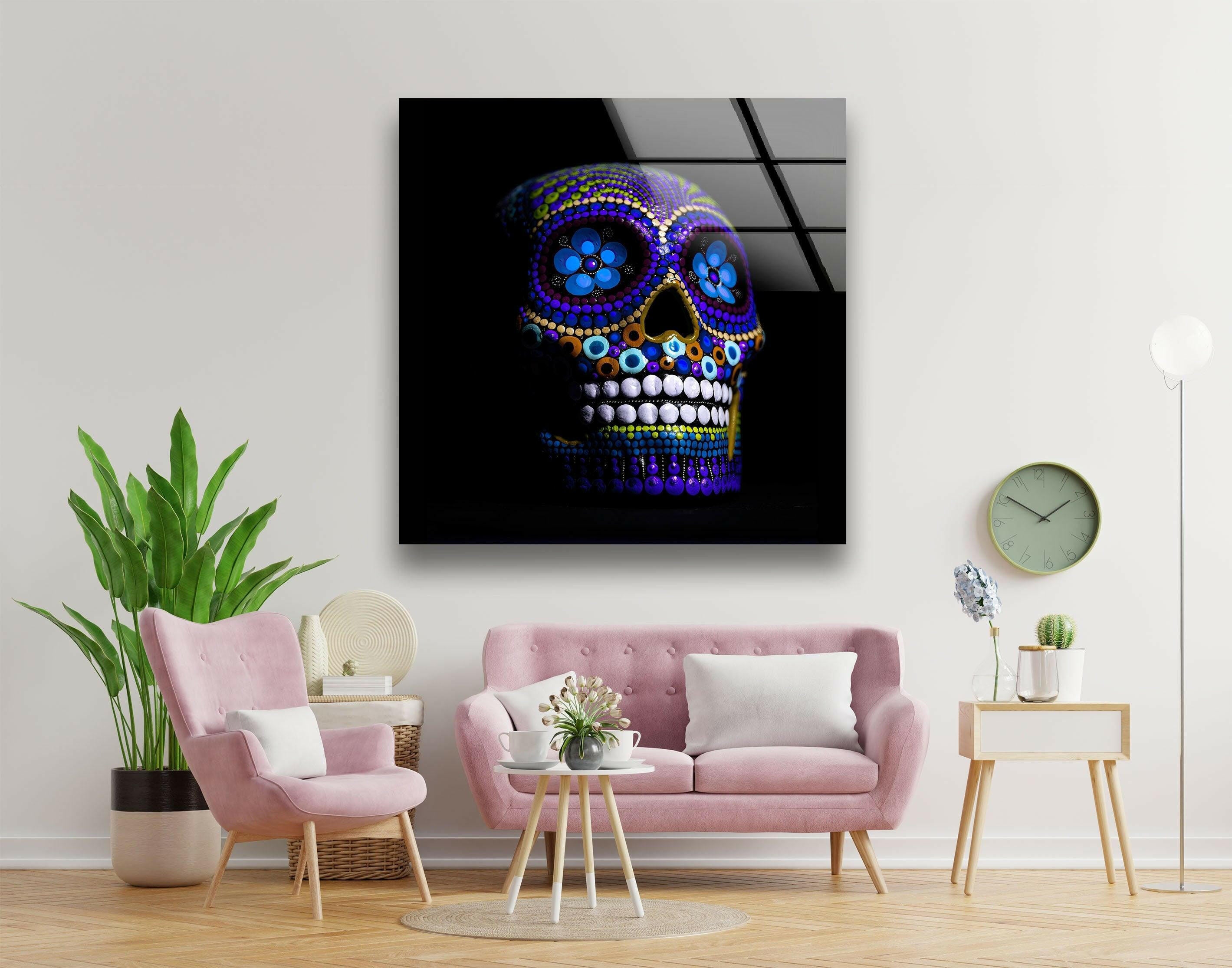 Vibrant Blue Mexican Skull Glass Wall Art - Handmade Sugar Skull Decor for Dia de los Muertos - Perfect for Home, Office, or Halloween Party Decorations