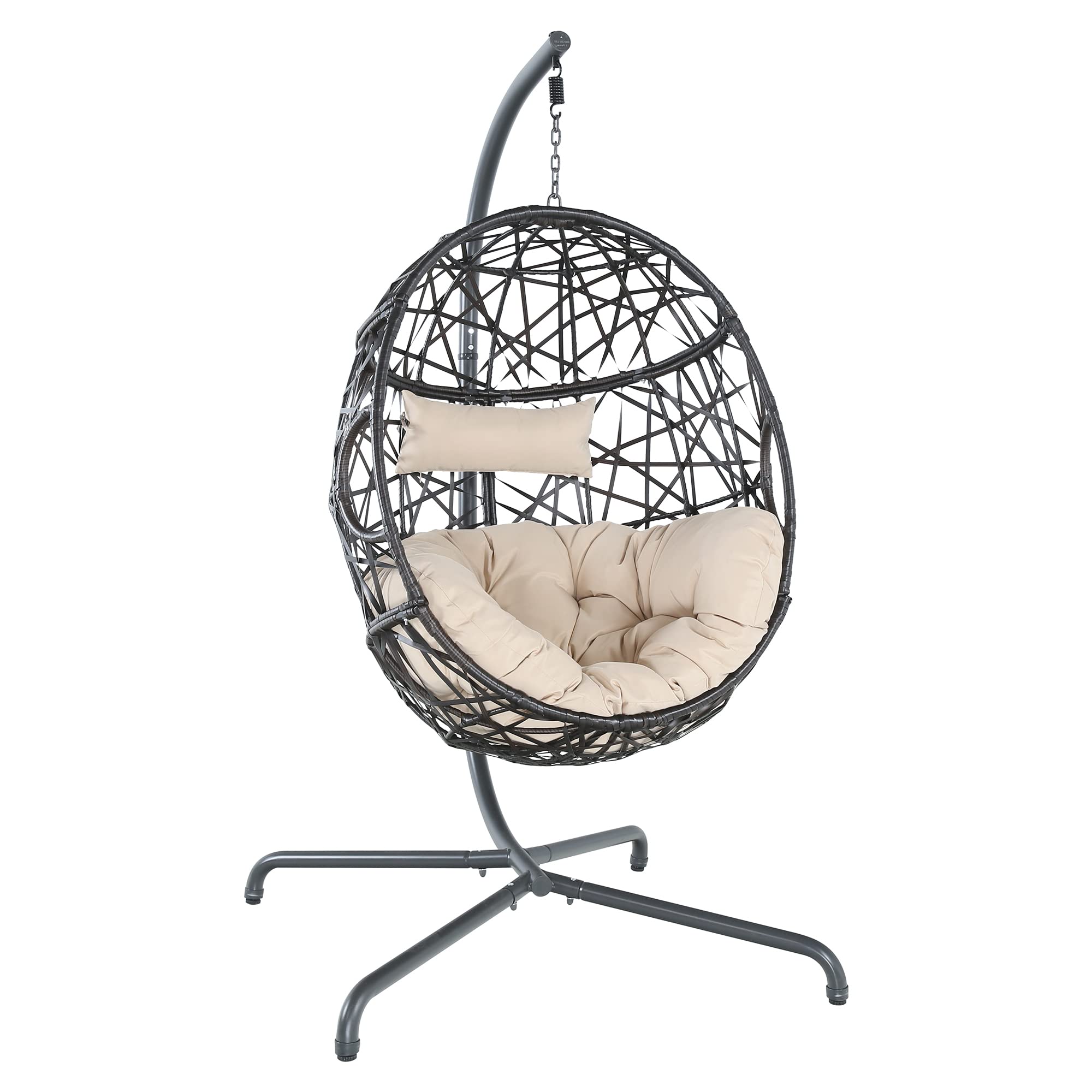 Outdoor Wicker Hanging Egg Chair with Cushion & Stand - Patio Swing Hammock for Garden, Balcony, Backyard - Beige Relaxation Chair for Porch, Poolside & Outdoor Lounging