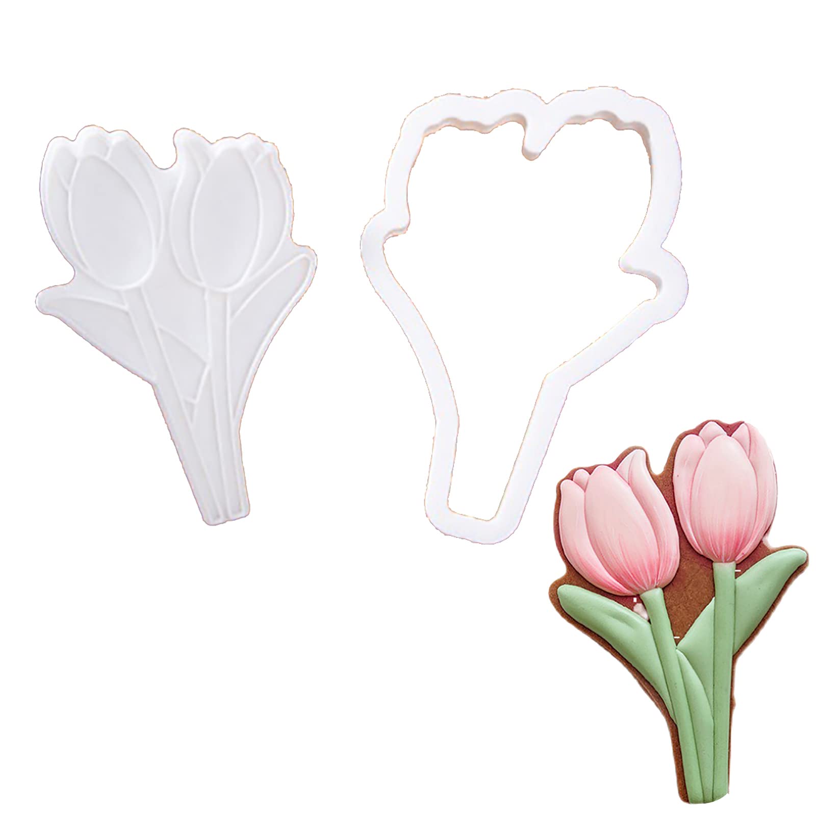 3D Tulip Fondant Embosser & Cookie Stamp for Baking - Double Tulips Design for Cake, Cookie & Fondant Decorating - Perfect for Mother's Day, Birthdays & Special Occasions