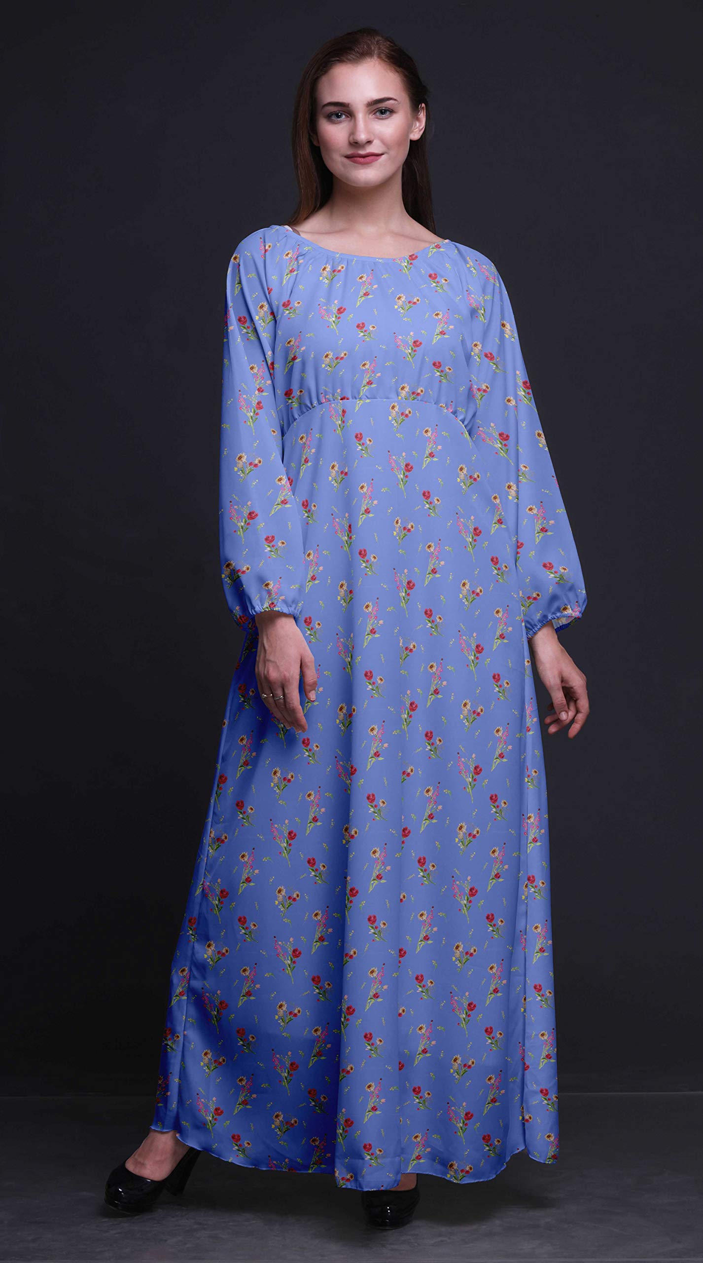 Bimba Printed Women's Maxi Dress - Long Sleeve Polyester Georgette with Elastic Waist - Flowy Summer Casual Dress for Beach, Vacation & Outdoor Events